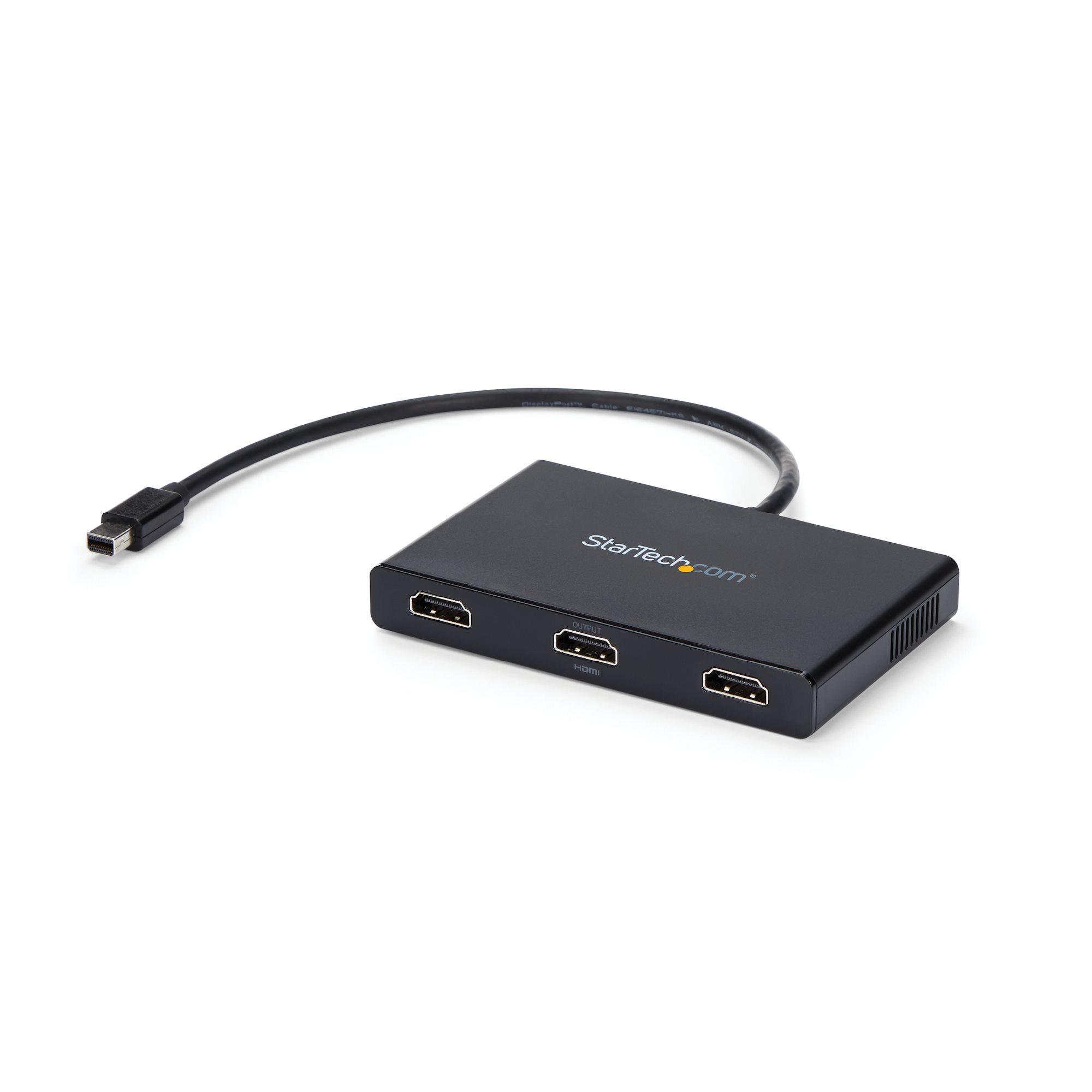 Adattatore HDMI nero con tre porte HDMI e un cavo. Il logo Startech.com è visibile.