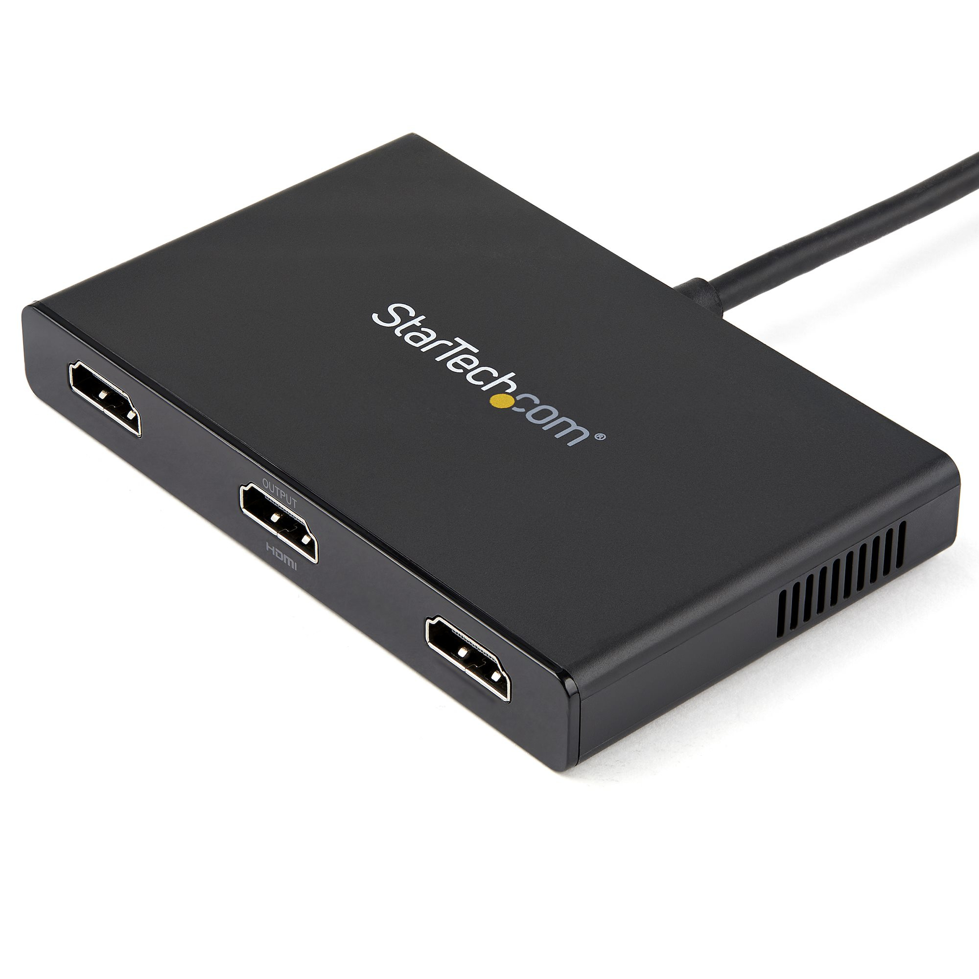 Adattatore HDMI nero con tre porte HDMI e logo StarTech.com.