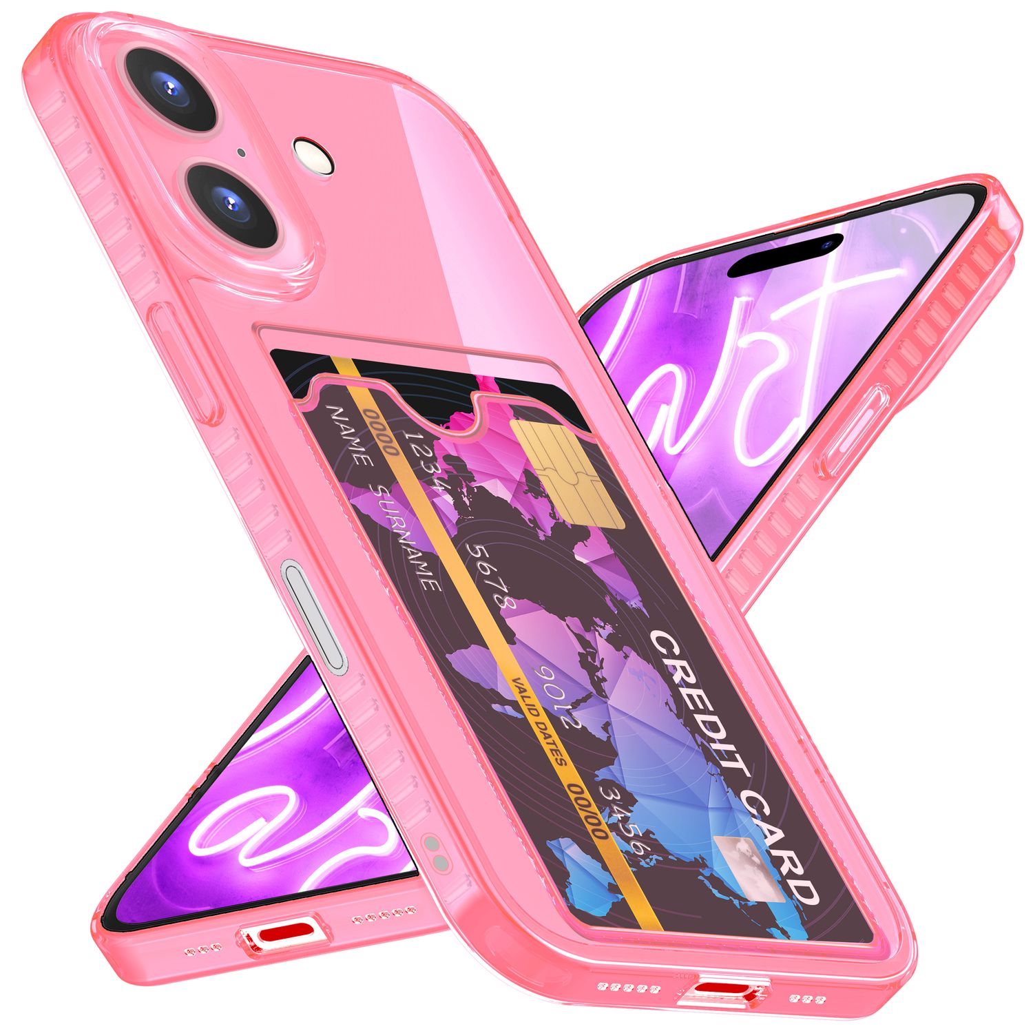 Rosa Handyhülle mit Kreditkartenfach, hält ein Handy. Ein anderes Handy befindet sich im Hintergrund.