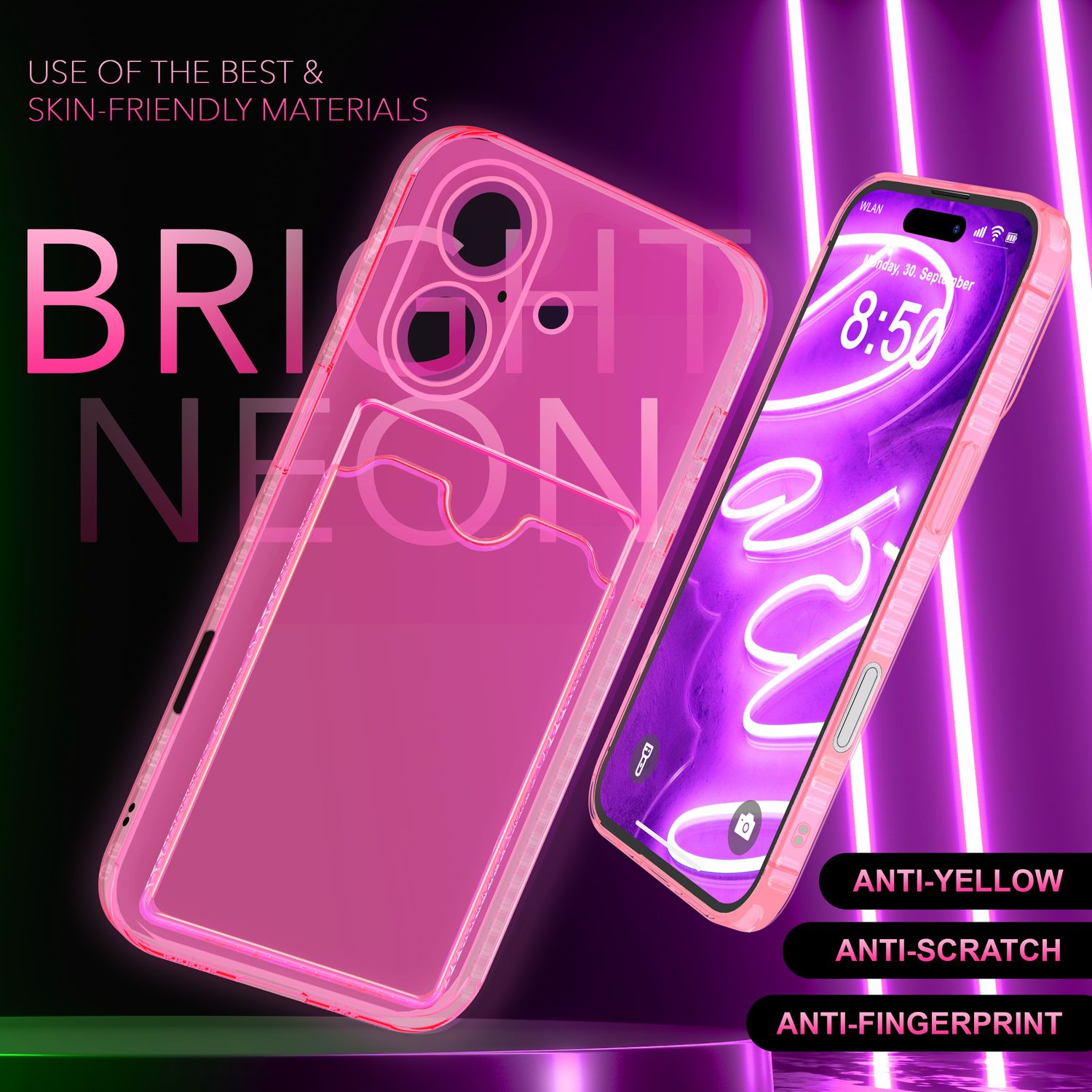 Eine pinke Handyhülle und ein Telefon mit neonpinkem Bildschirm. Text erwähnt Anti-Gelb, Kratzer und Fingerabdrücke.