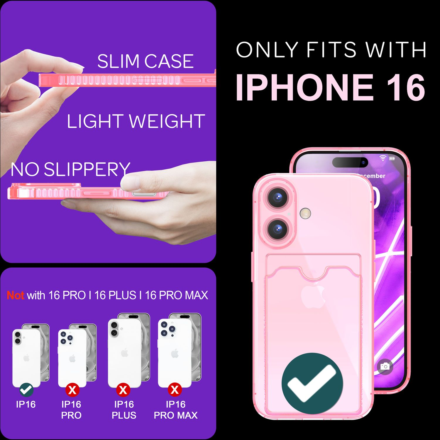Rosa Handyhülle mit Kartenfach, Text: 'Passt nur für iPhone 16.' Weißes Handyhüllen-Mockup.