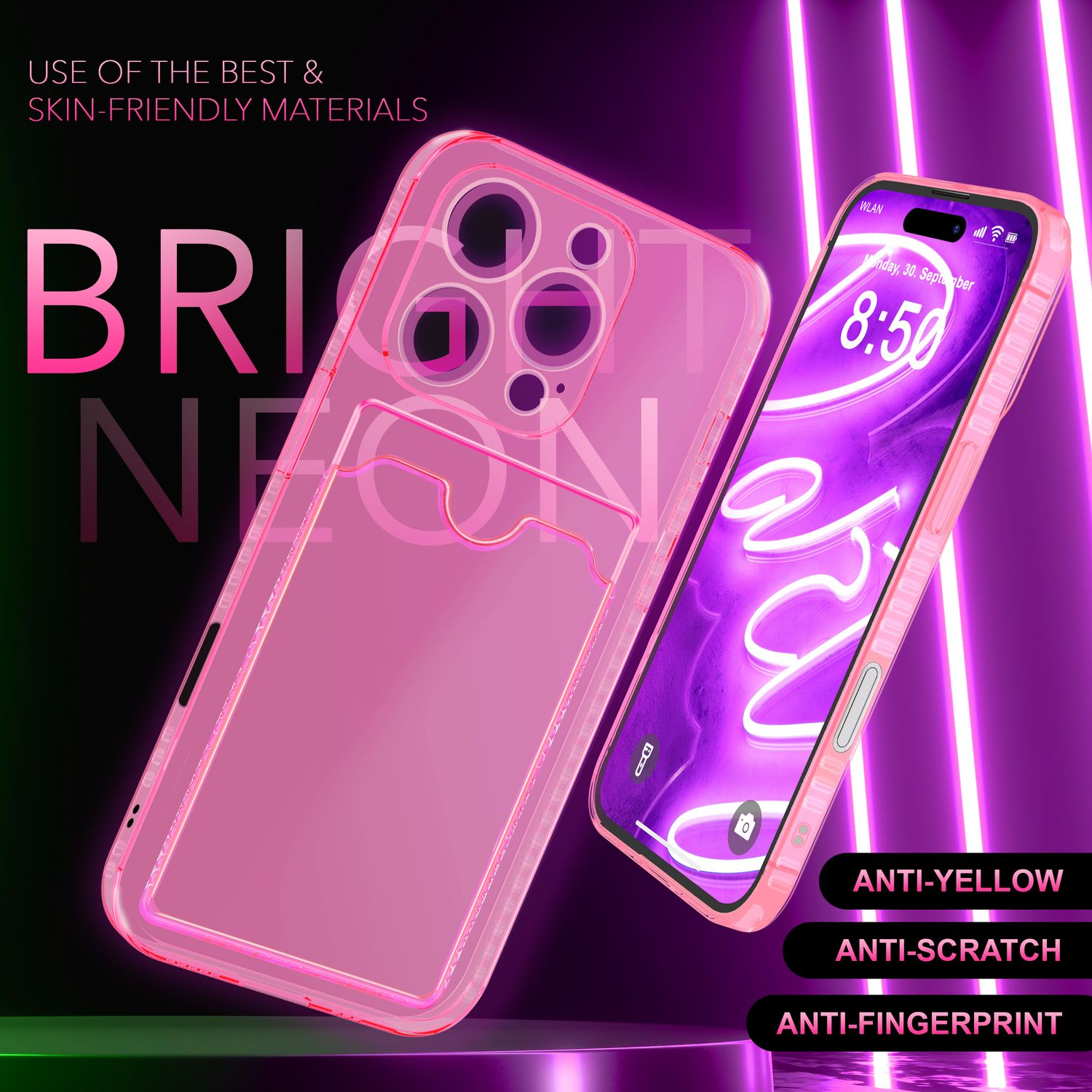 Rosa Handyhülle mit Handy, neonrosa Text und Licht auf schwarzem Untergrund.