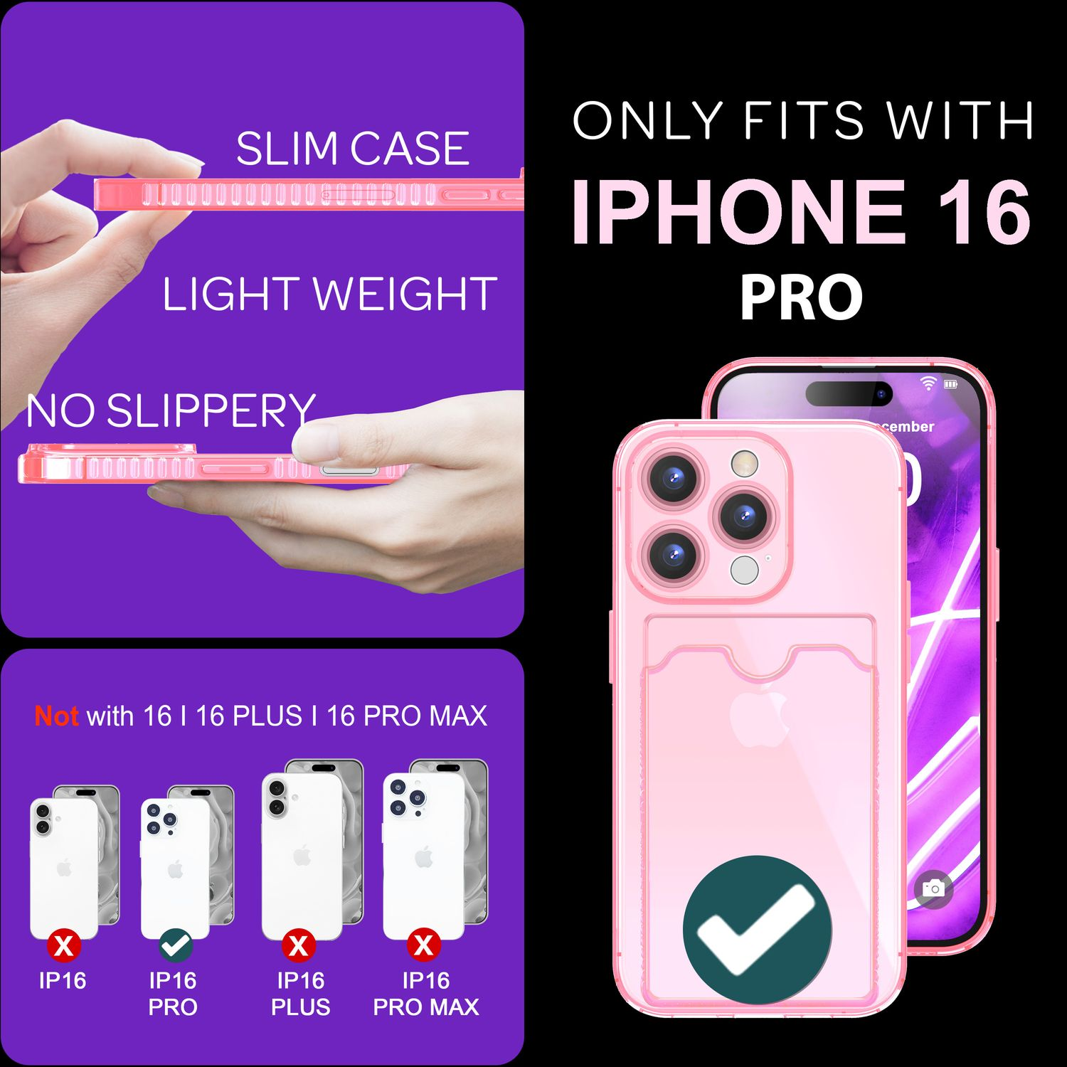Rosa Handyhülle mit Kartenfach. Text: „PASST NUR ZU IPHONE 16 PRO“.