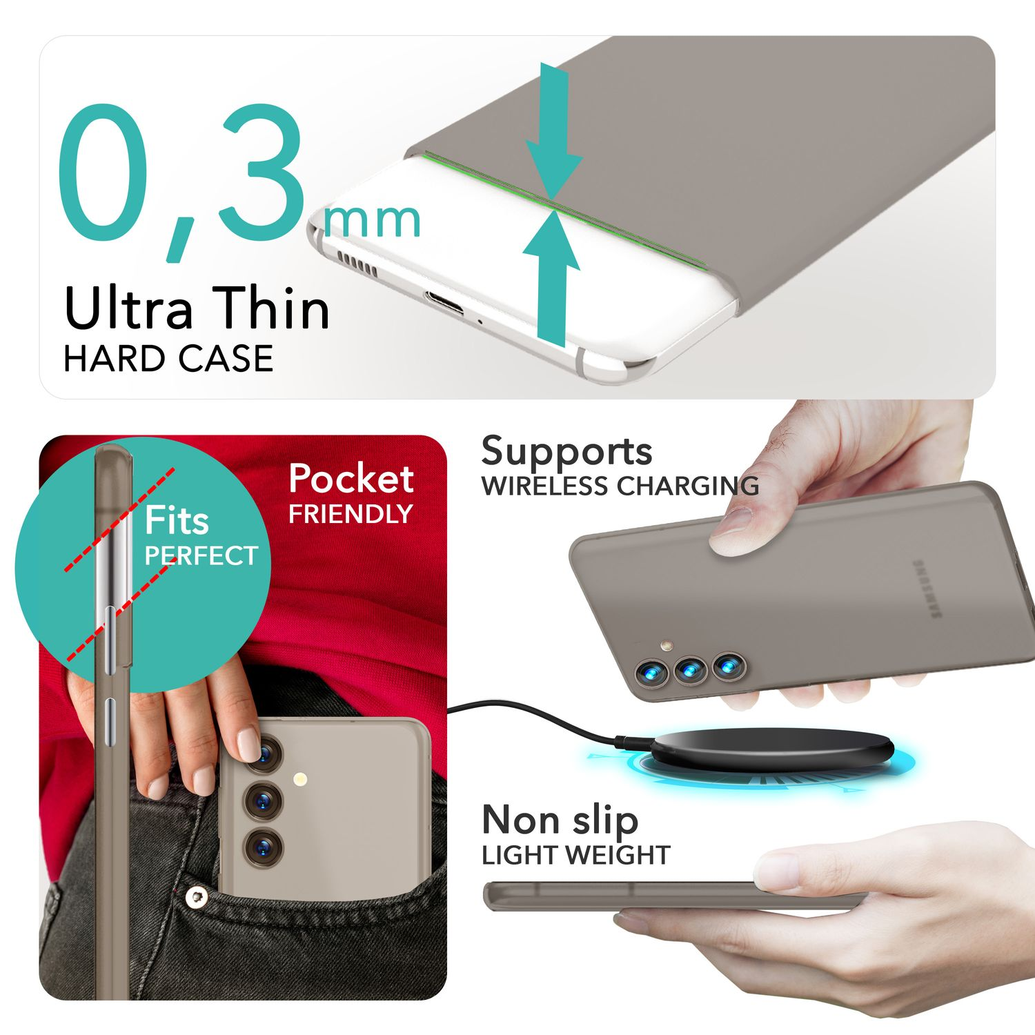 Handyhülle in einer Tasche, Telefon auf einem Ladegerät und Telefon auf einer Oberfläche. Text: Ultra dünn, taschenfreundlich, rutschfest.