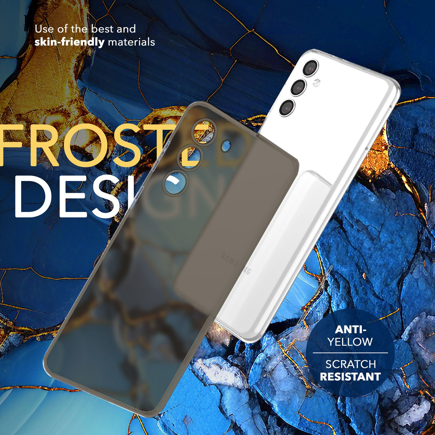 Zwei Telefone, eines mit Hülle, vor marmorähnlichem Hintergrund. Text: 'Frost Design'.