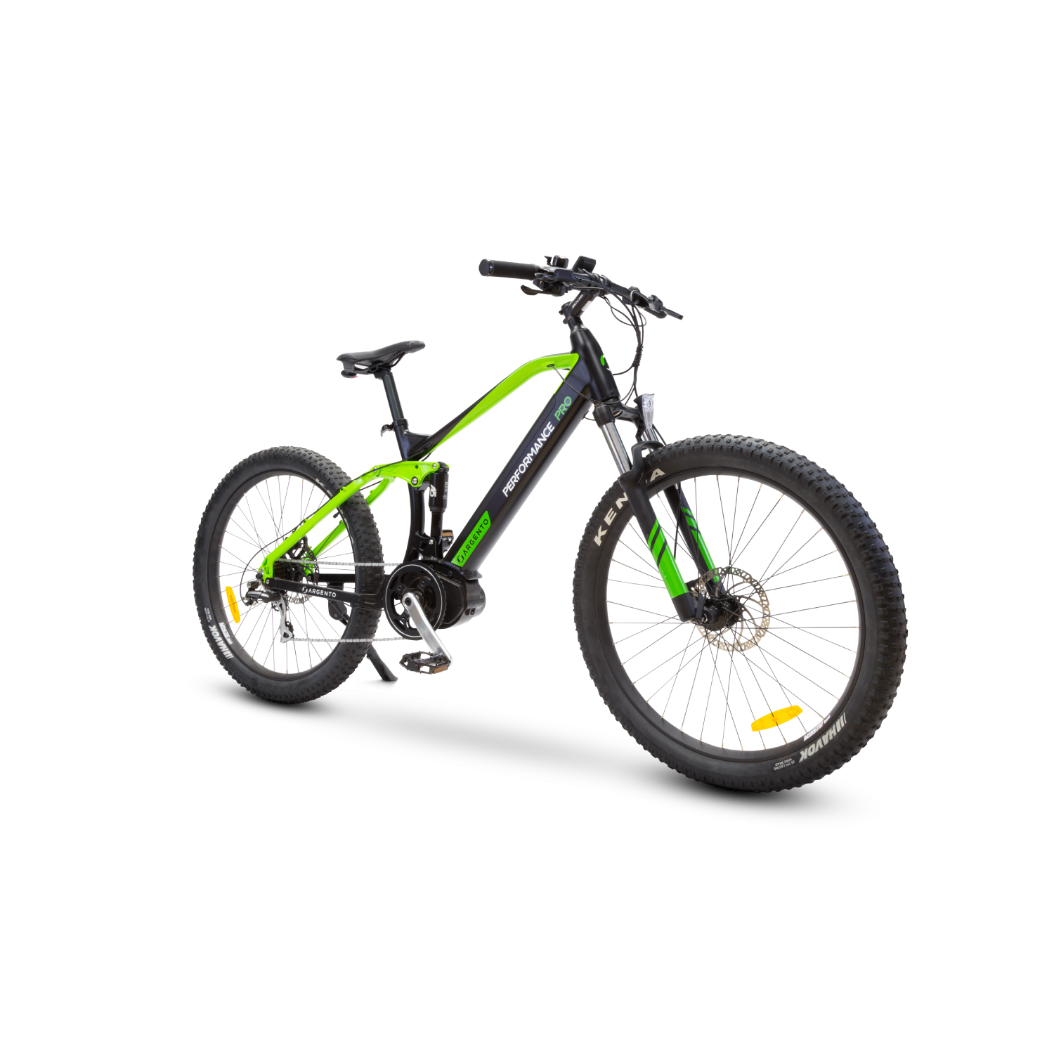 VTT vert et noir sur fond noir.