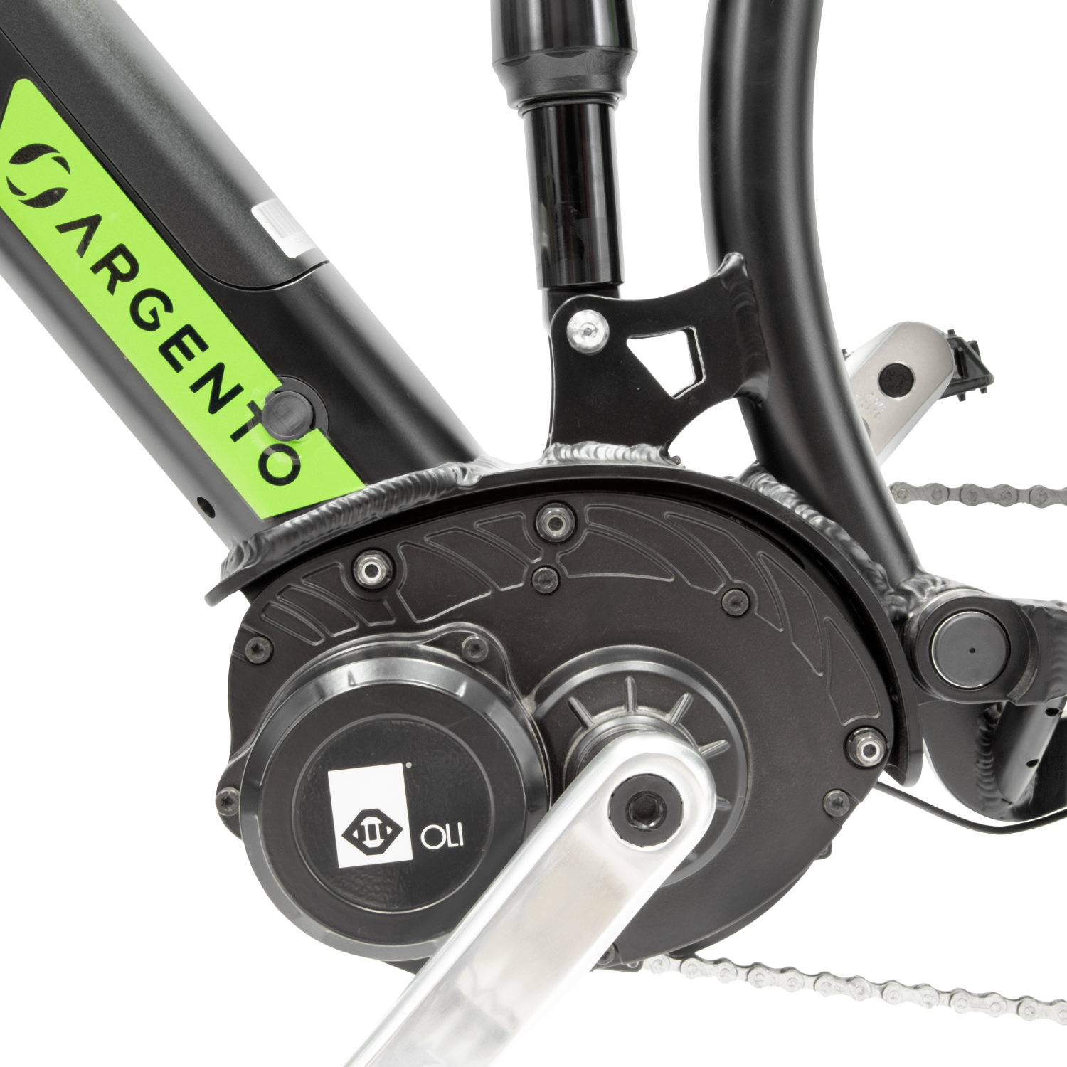 Gros plan sur le moteur et l'ensemble pédalier du vélo électrique Argento. Le logo Argento est visible en haut à gauche.