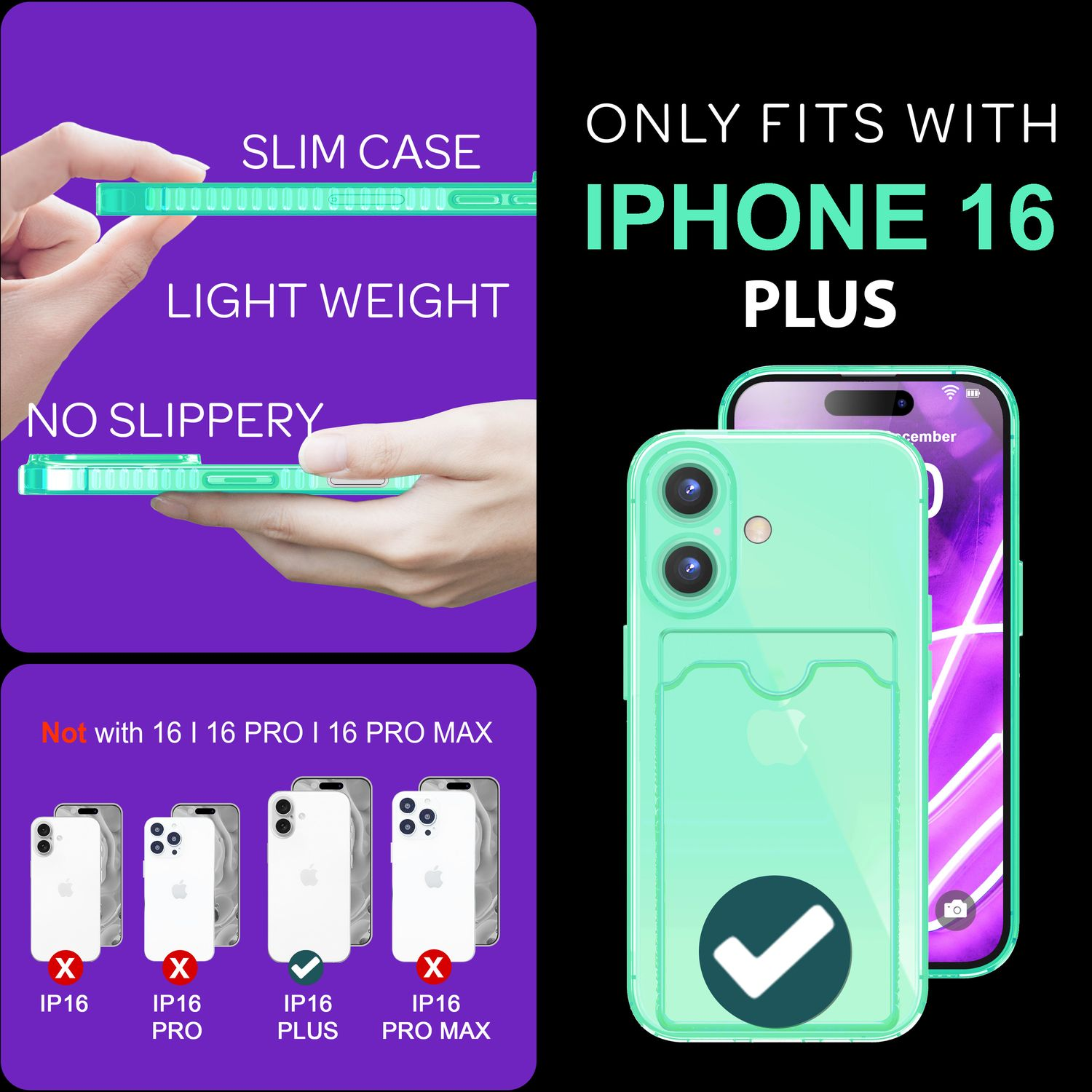 Grüne iPhone 16 Plus Hülle mit Kartenfach, mit Modellen, für die sie nicht passt.