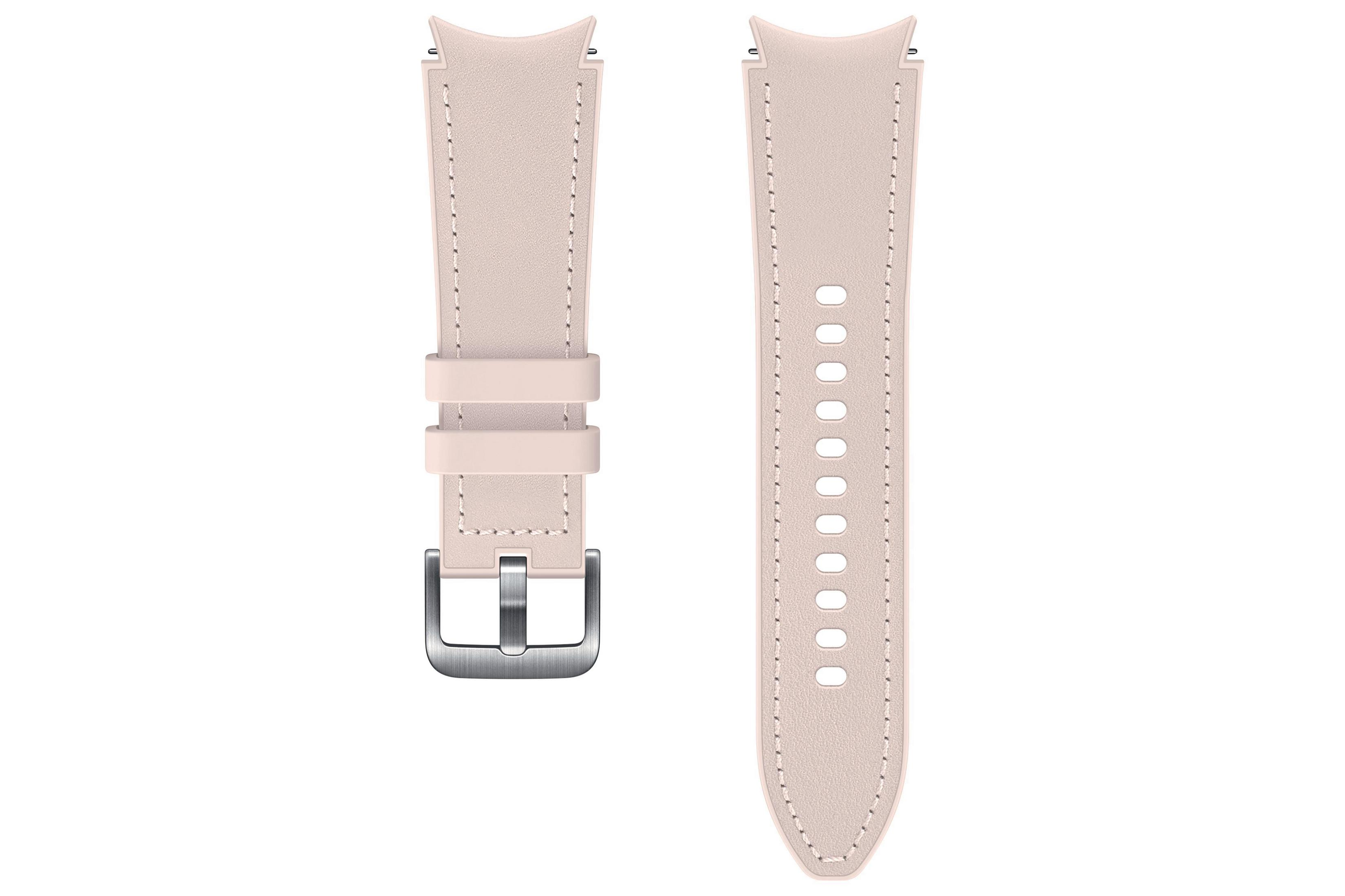 Correas de reloj rosas con hebilla plateada.