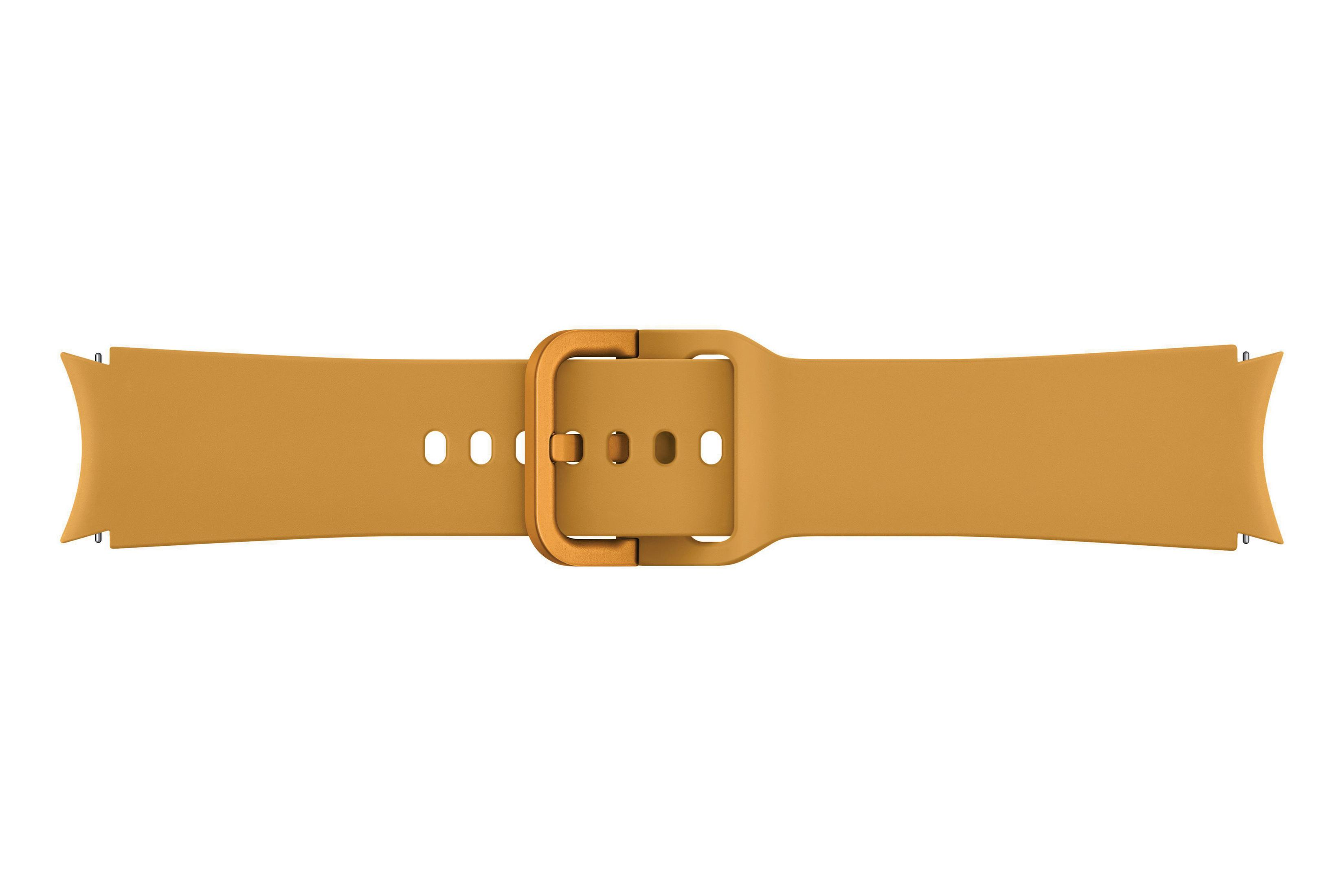 Ein senffarbenes Uhrenarmband mit einer rechteckigen goldenen Schnalle.