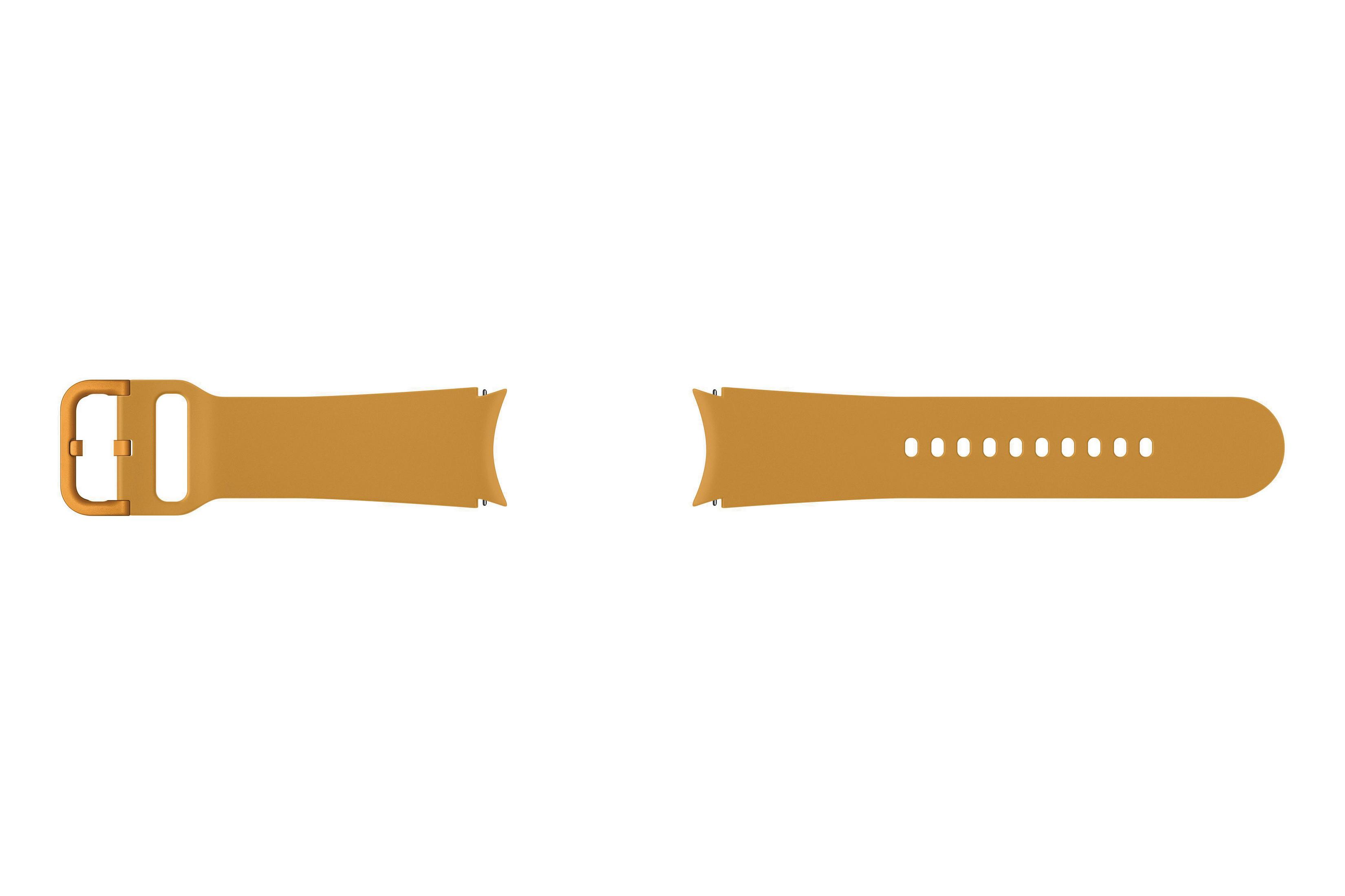 Zwei orangefarbene Uhrenarmbänder, Schnalle und das andere mit Löchern, vor weißem Hintergrund.