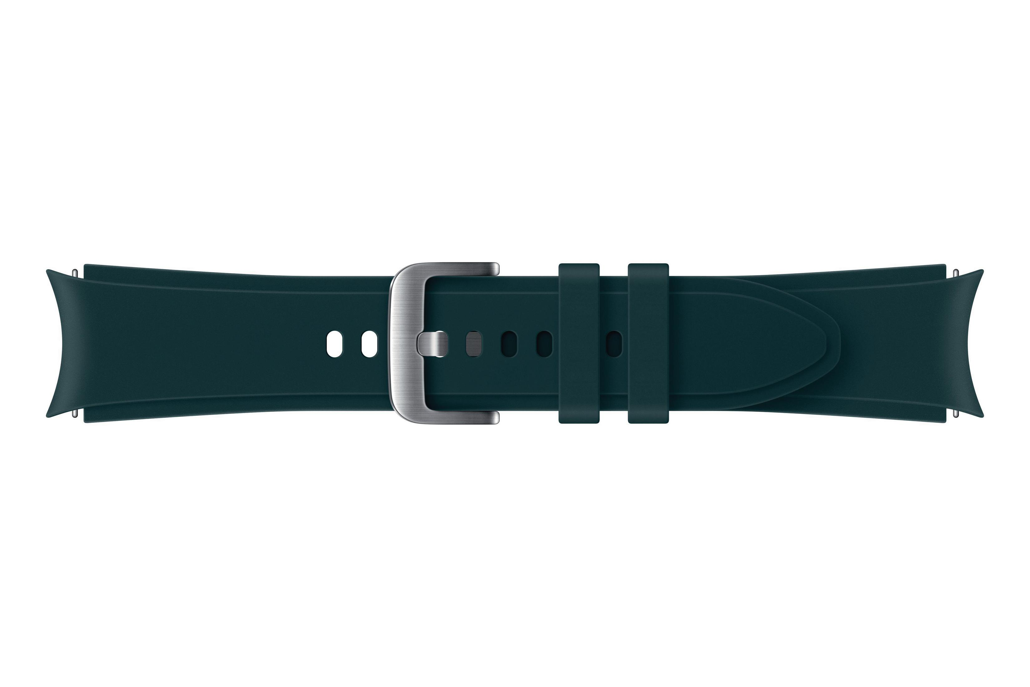 Ein dunkelgrünes Uhrenarmband mit silberner Schnalle.