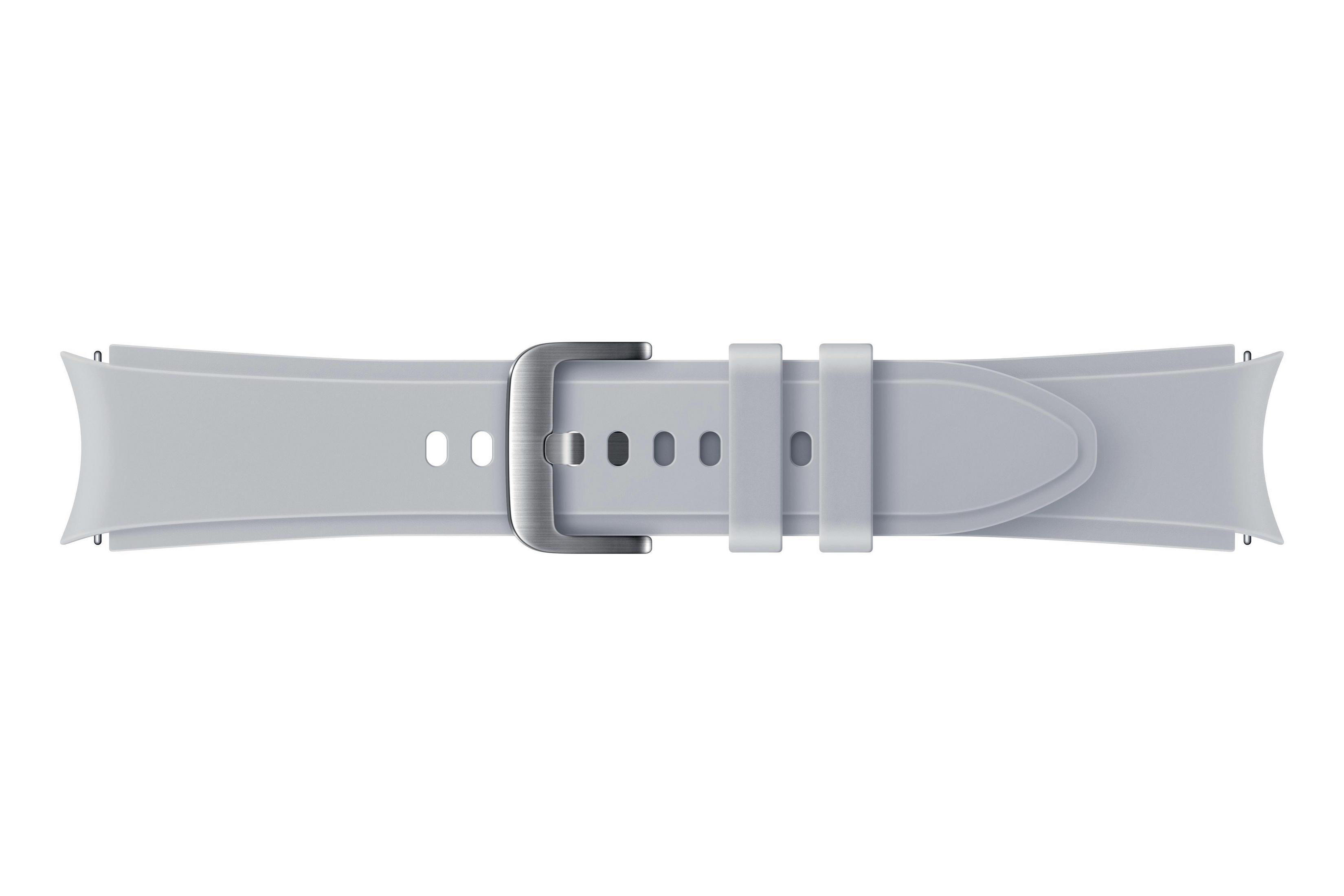 Ein hellgraues Uhrenarmband mit einer silbernen Schnalle.