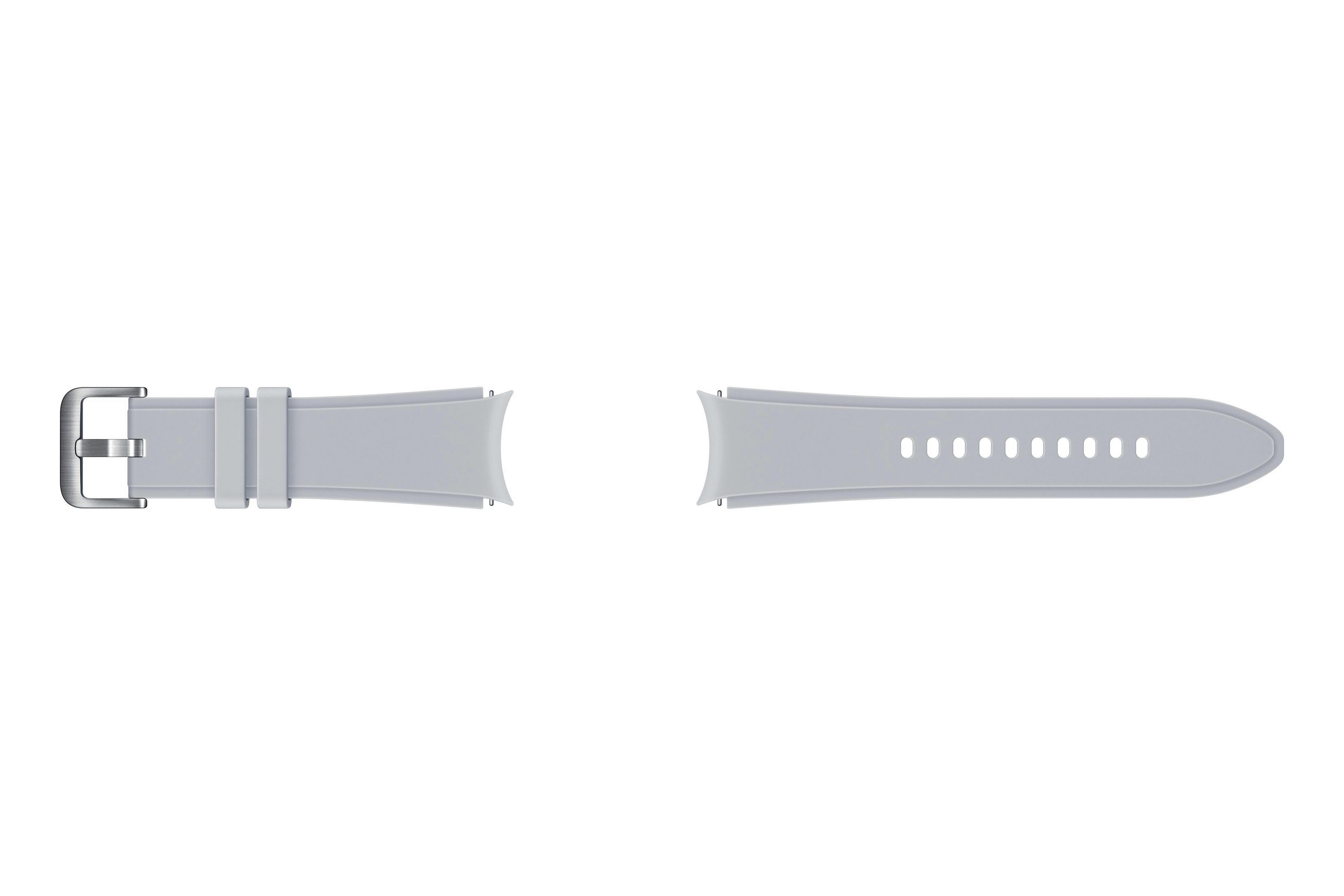 Zwei hellgraue Uhrenarmbänder, eines mit Schnalle, liegen nebeneinander auf einer weißen Oberfläche.