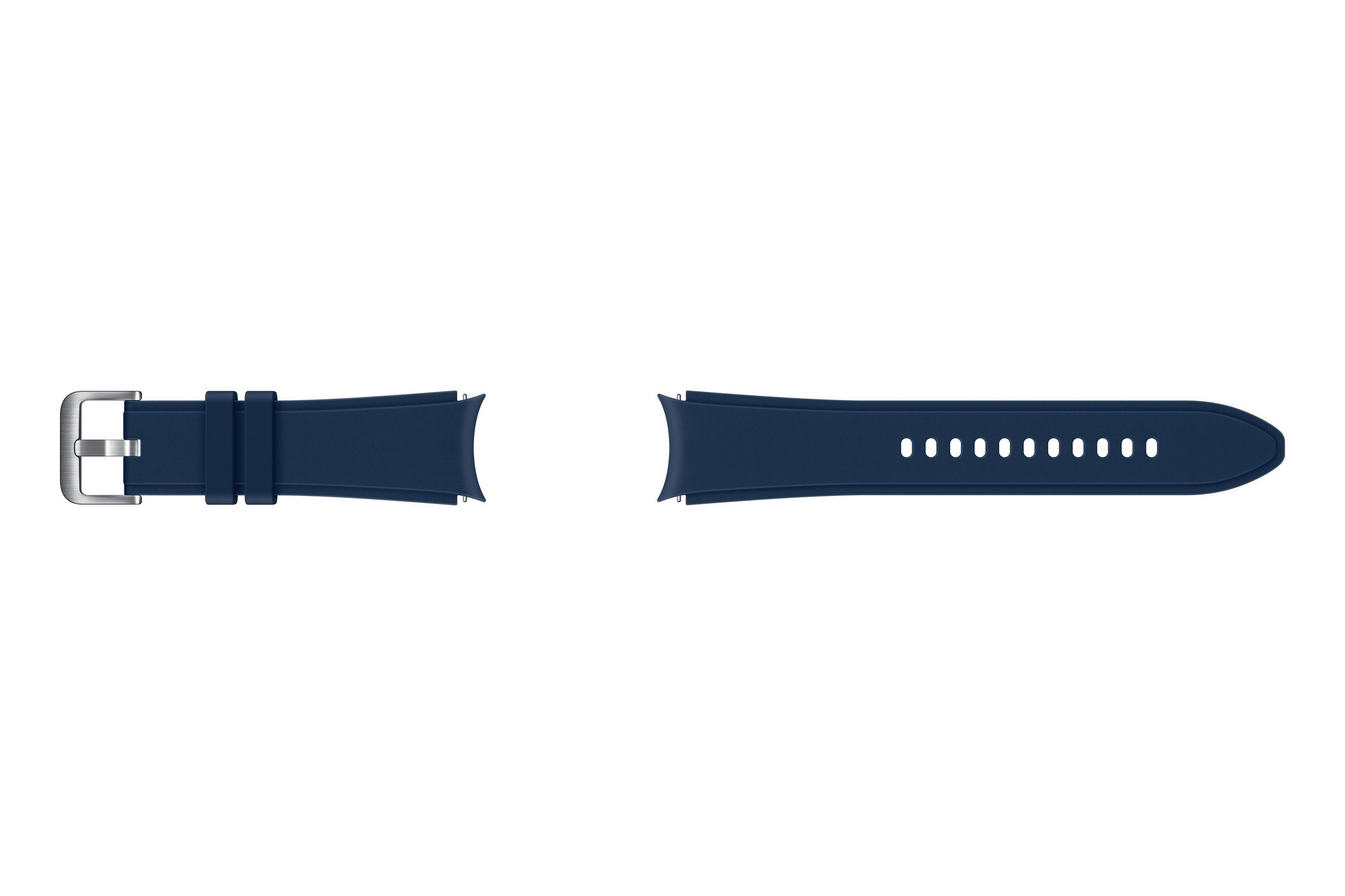 Correa de reloj azul marino de dos piezas. Una pieza tiene una hebilla, la otra tiene agujeros para ajustar.