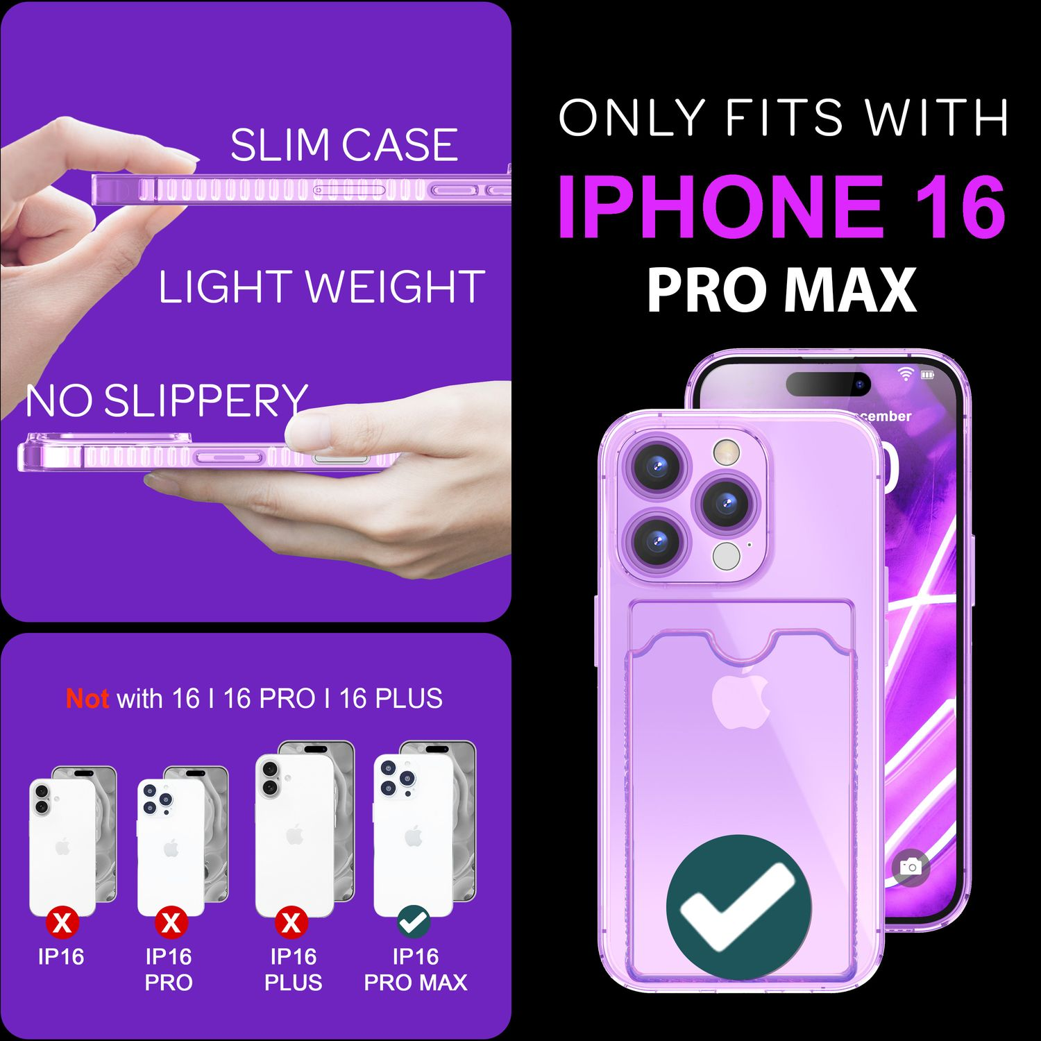 Transparente Handyhülle für iPhone 16 Pro Max. Text-Overlay. Andere Modelle sind durchgestrichen.
