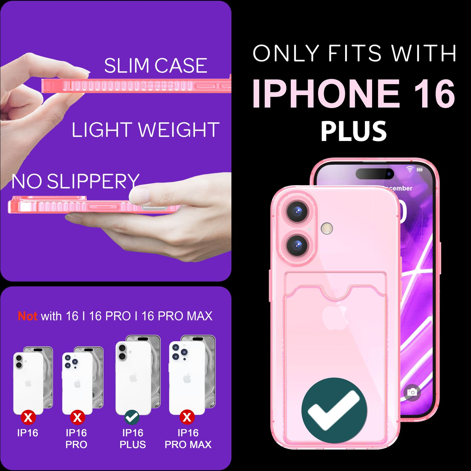 Rosa Handyhülle mit der Aufschrift iPhone 16 Plus, zeigt die Eigenschaften und Kompatibilitäten.