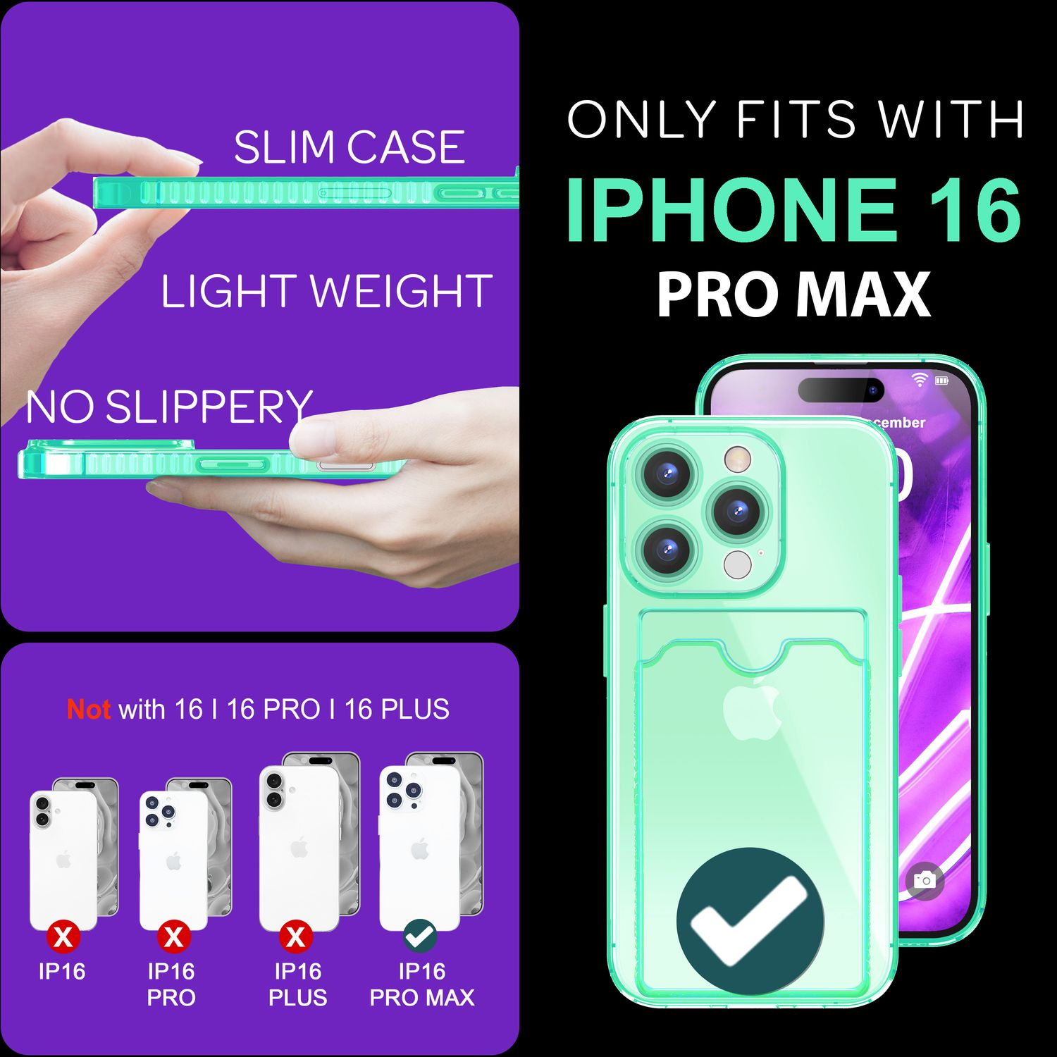 Werbung für Handyhülle. Zeigt Hülle, Telefon und Text: "iPhone 16 Pro Max".