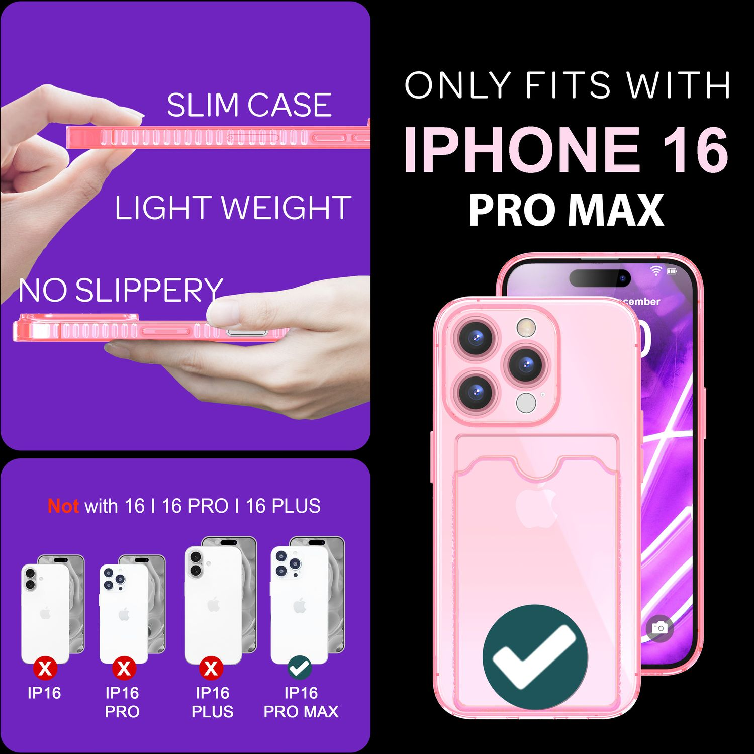 Rosa Handyhülle mit iPhone 16 Pro Max. Zeigt Eigenschaften und Kompatibilität.