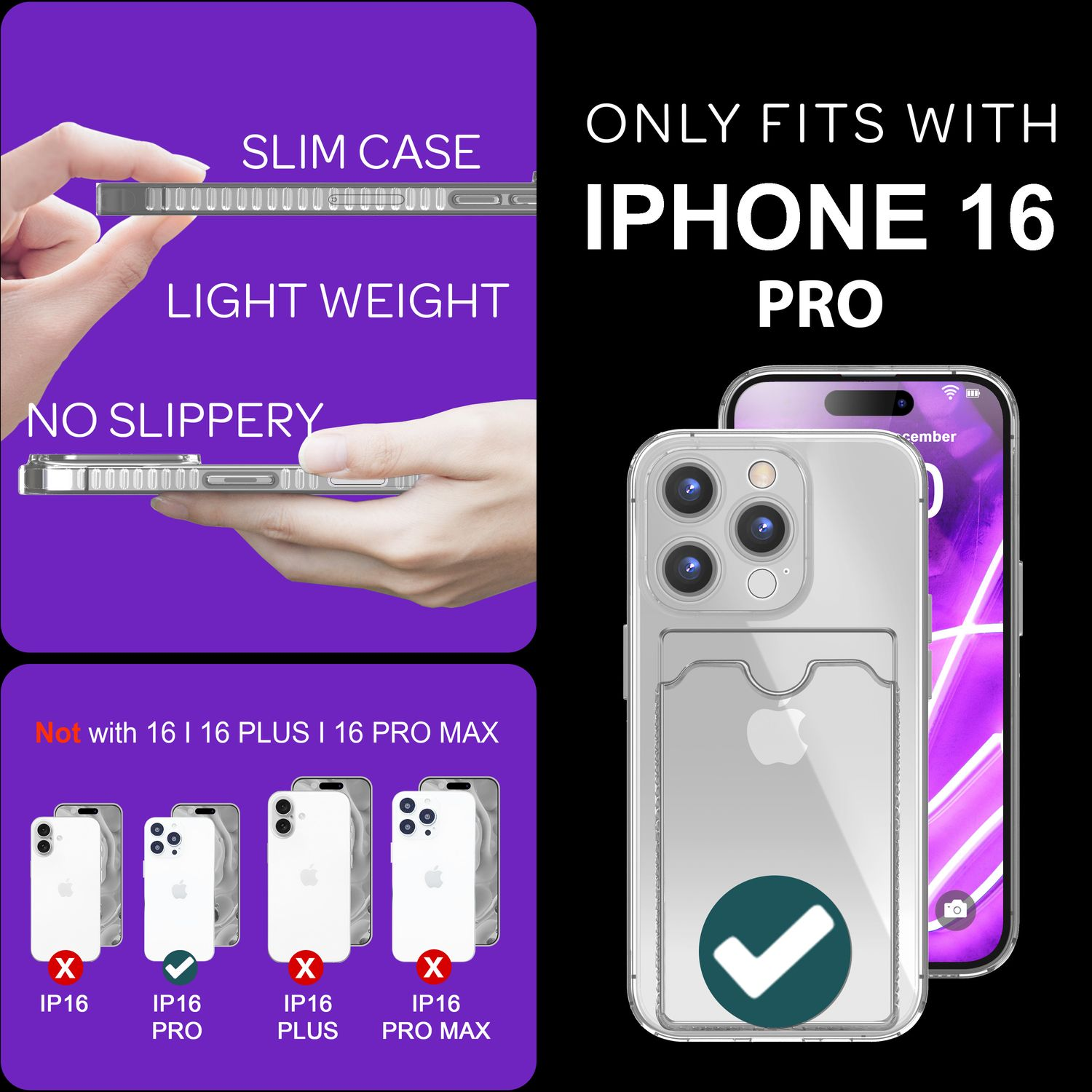 Handyhülle mit transparentem Rücken und Kartenhalter. Text zeigt, dass sie nur für iPhone 16 Pro passt.