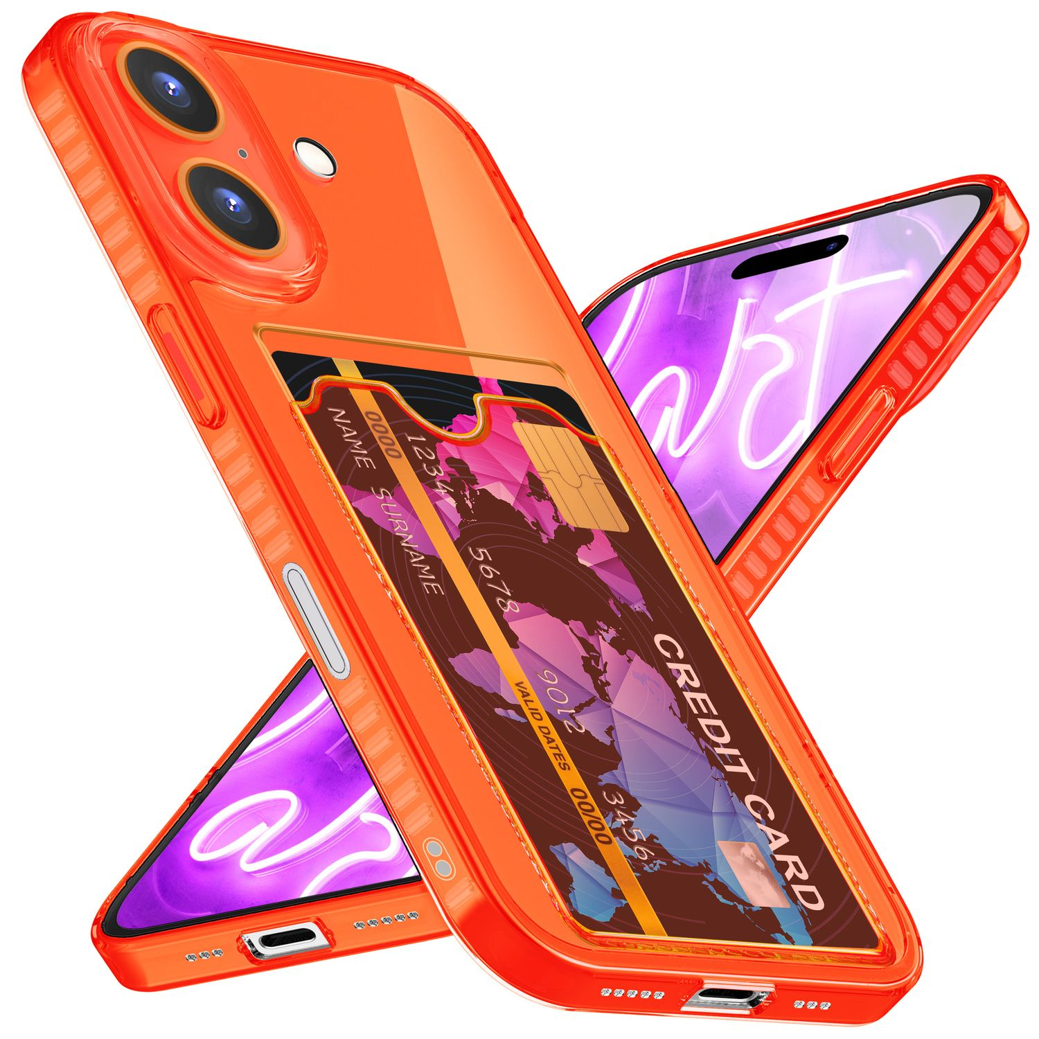 Orangene Handyhülle mit Kreditkartenfach und Telefon mit lila Kunsthintergrund auf dem Bildschirm.