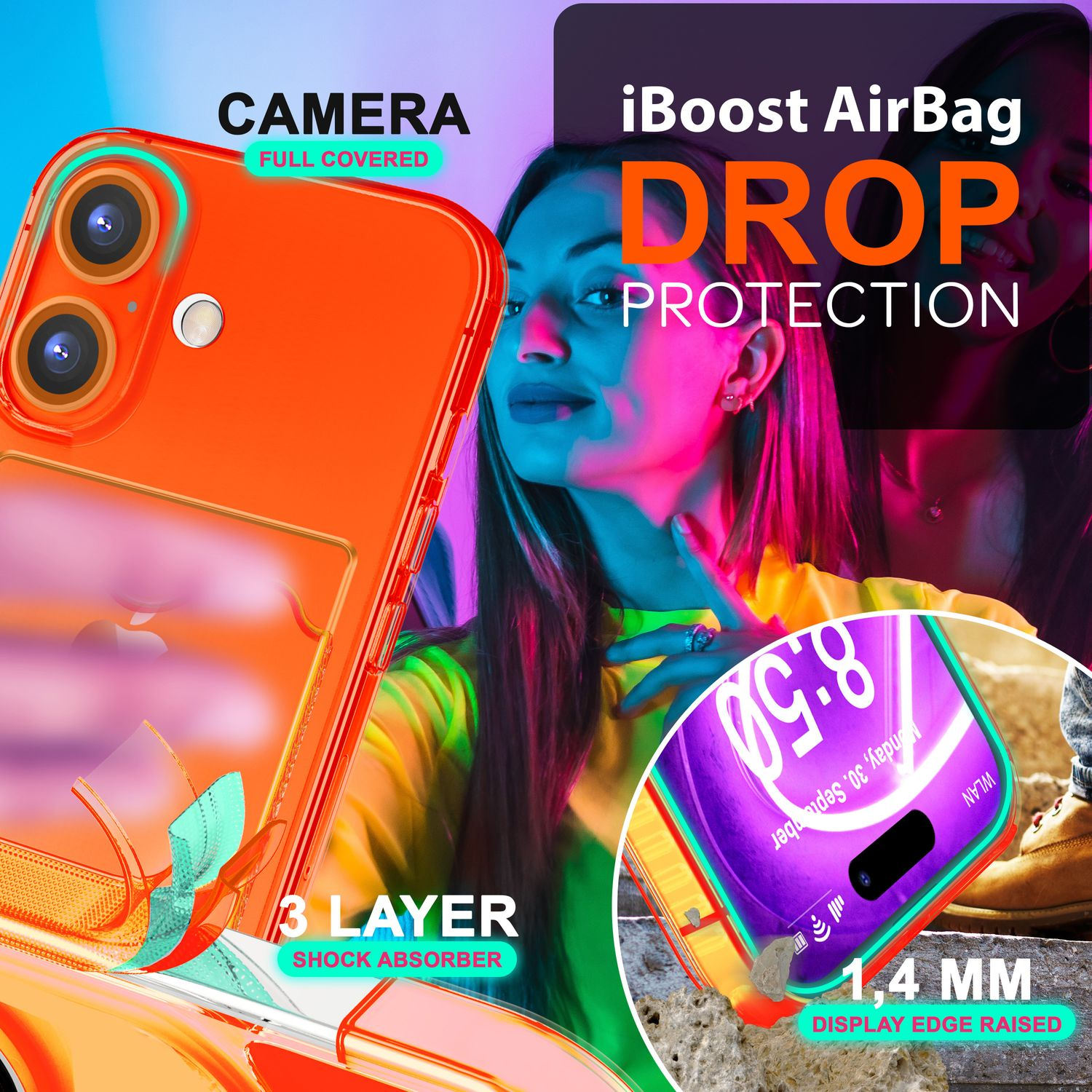 Handyhülle mit Telefon, Frauengesicht sichtbar. Text: Drop Protection. Orange und Lila Farbtöne.