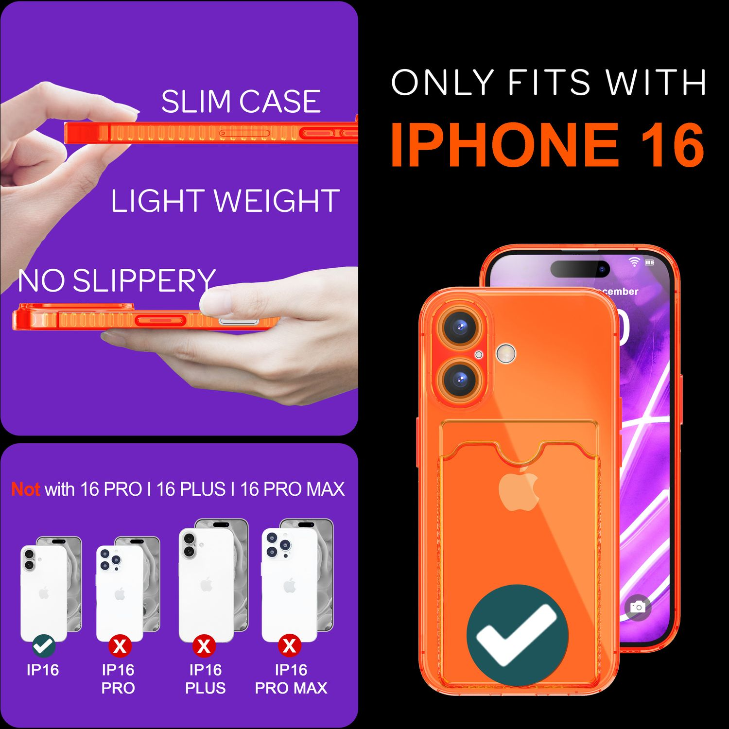 Eine orangefarbene Handyhülle mit Kartenfach, neben einem iPhone 16. Text: Passt nur für iPhone 16.