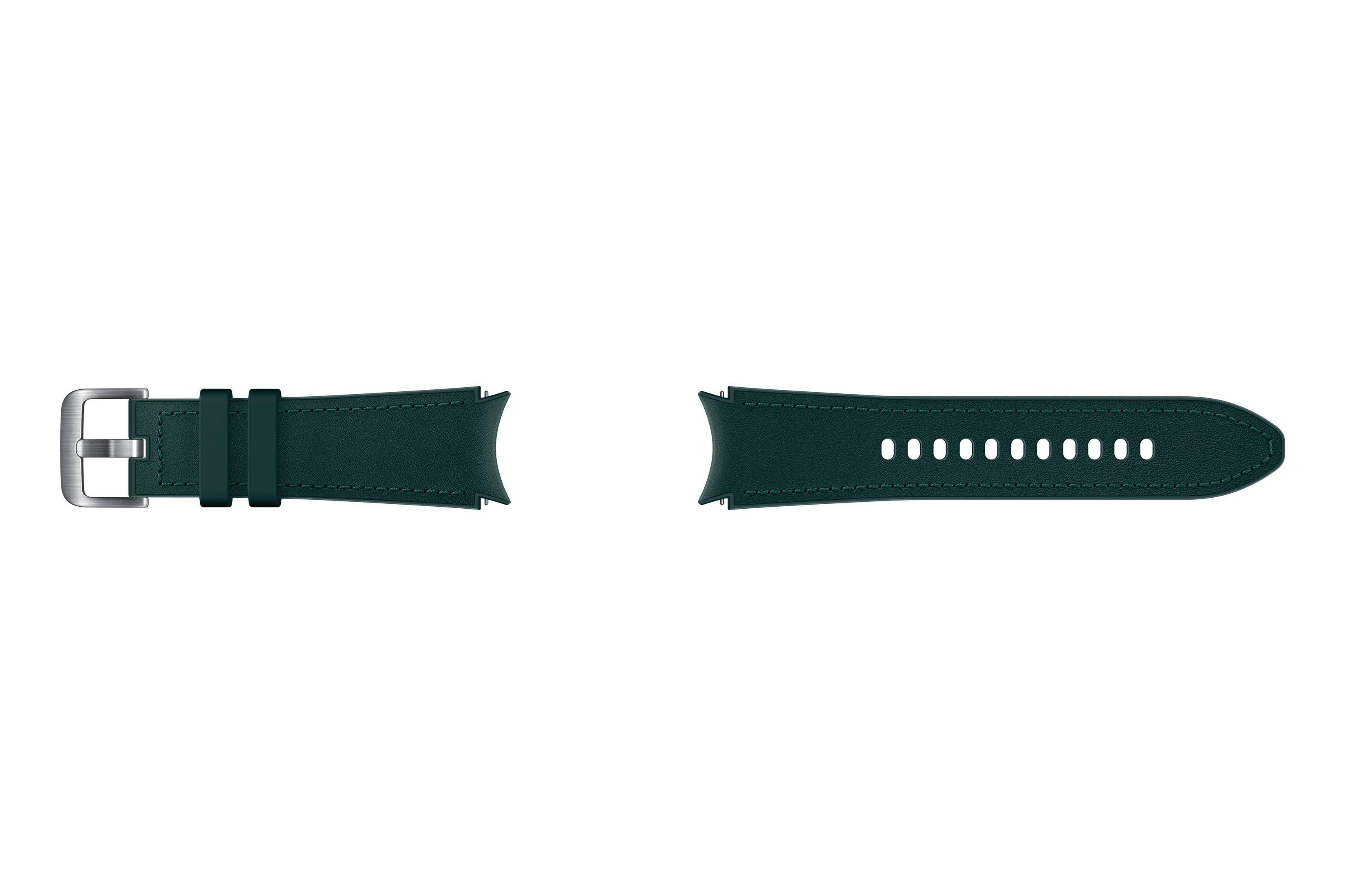 Zwei dunkelgrüne Uhrenarmbänder auf weißem Hintergrund. Eines mit Schnalle, das andere mit Löchern.