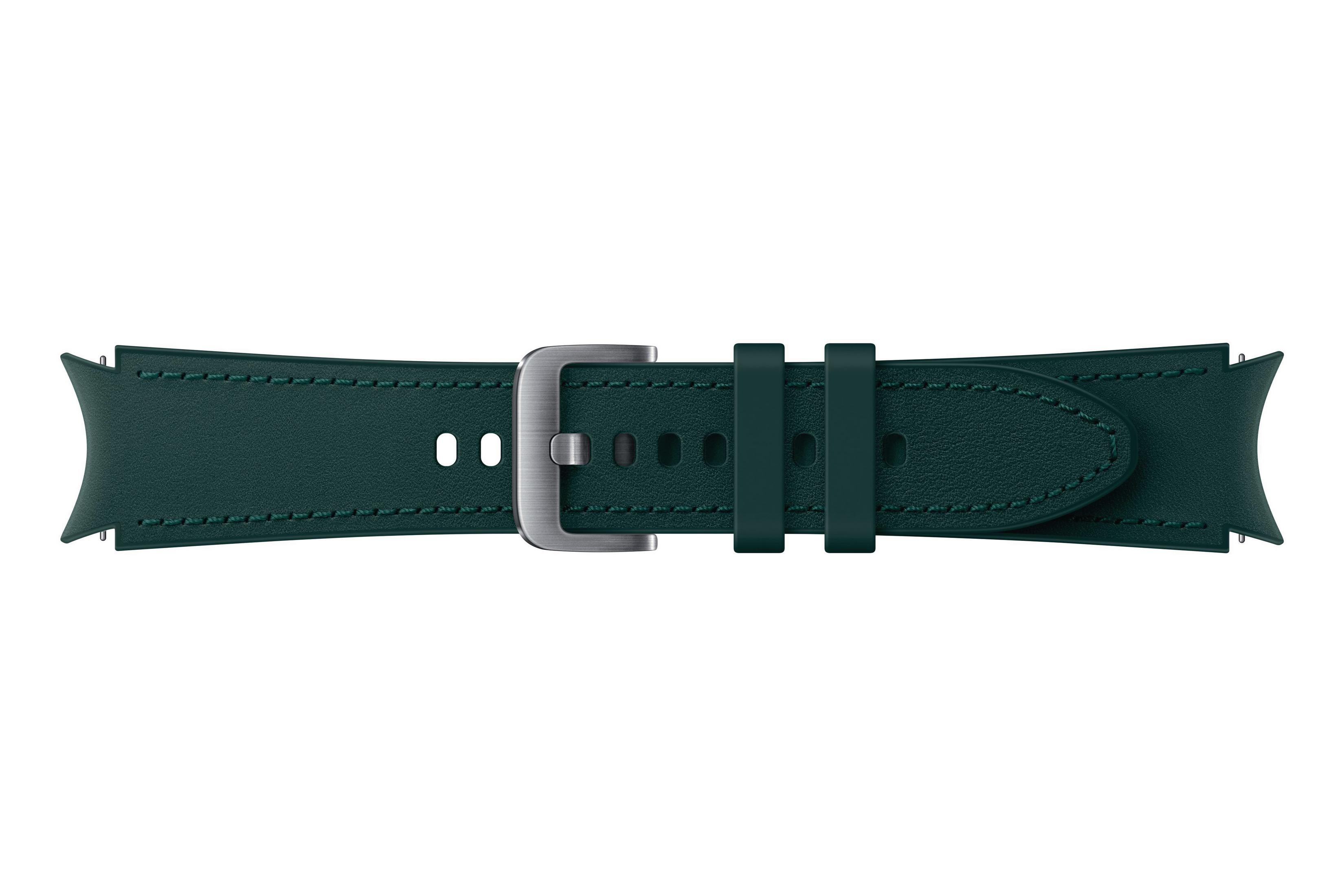 Grünes Uhrenarmband mit silberner Schnalle. Das Armband ist gewölbt und genäht.