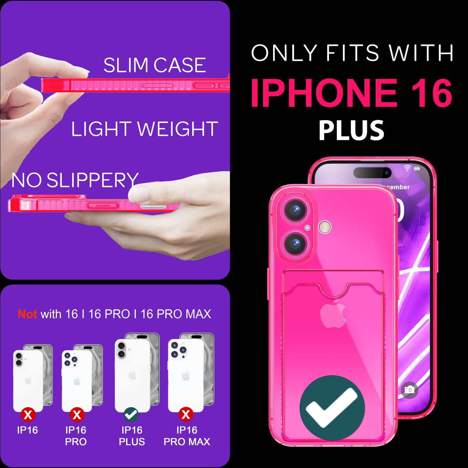 Pinkfarbene iPhone 16 Plus Hülle mit Kartenhalter, zeigt Schlankheit, Leichtigkeit und rutschfeste Eigenschaften.