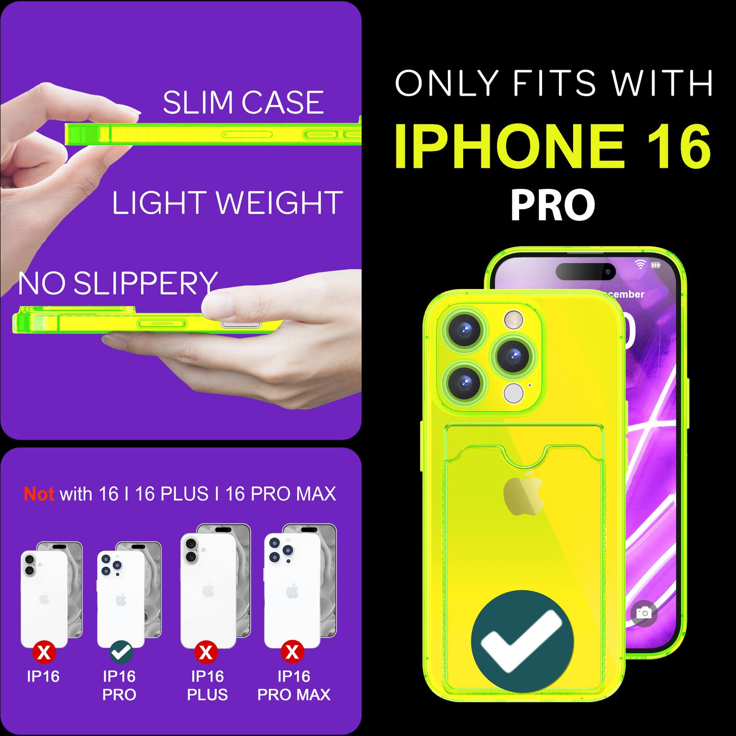 Gelbe Handyhülle mit iPhone 16 Pro. Rückseite hat Kreditkartenfach.