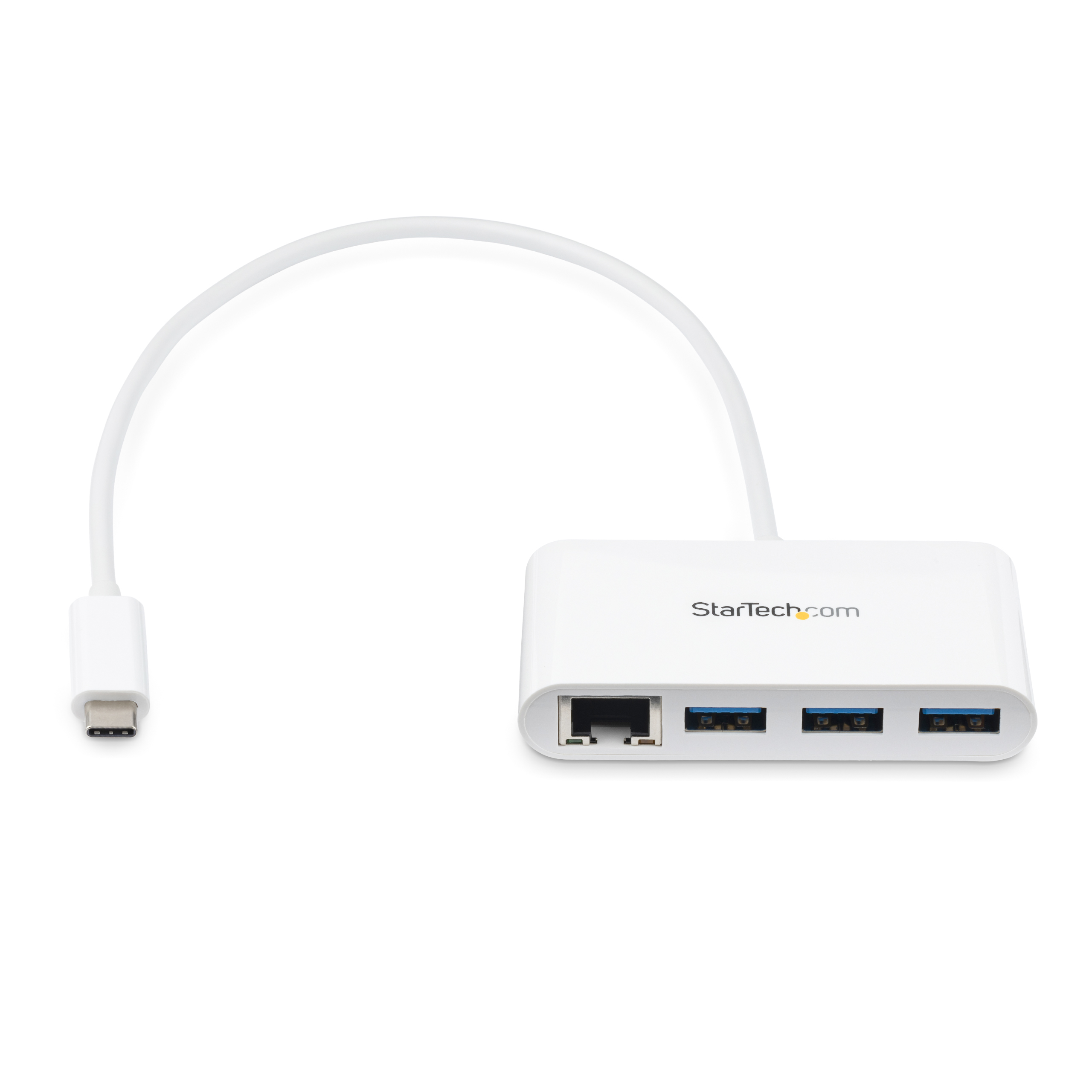 Hub USB-C bianco con porte Ethernet e USB, collegato a un cavo bianco.