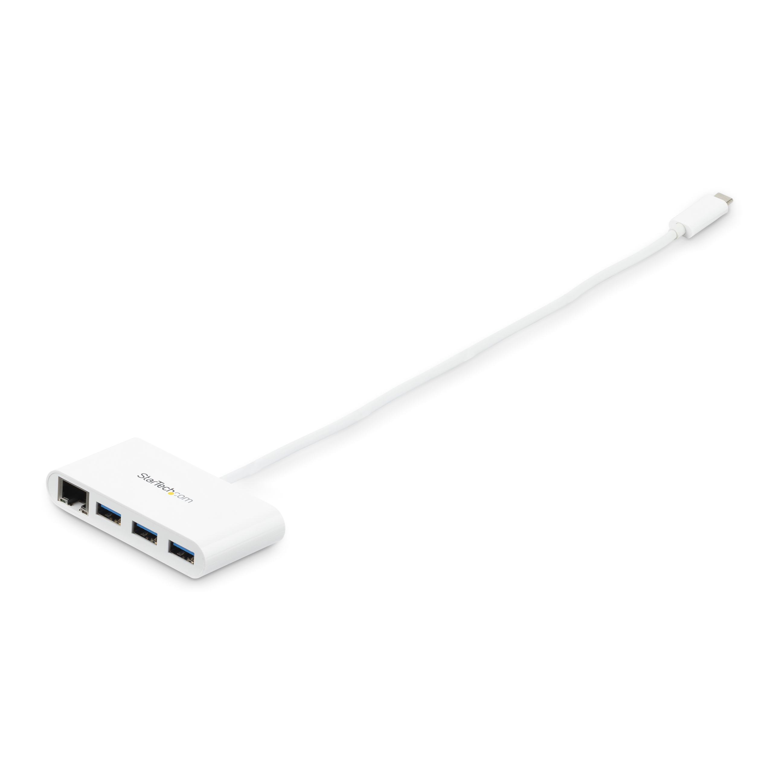 Un hub bianco StarTech.com con tre porte USB e una porta ethernet.