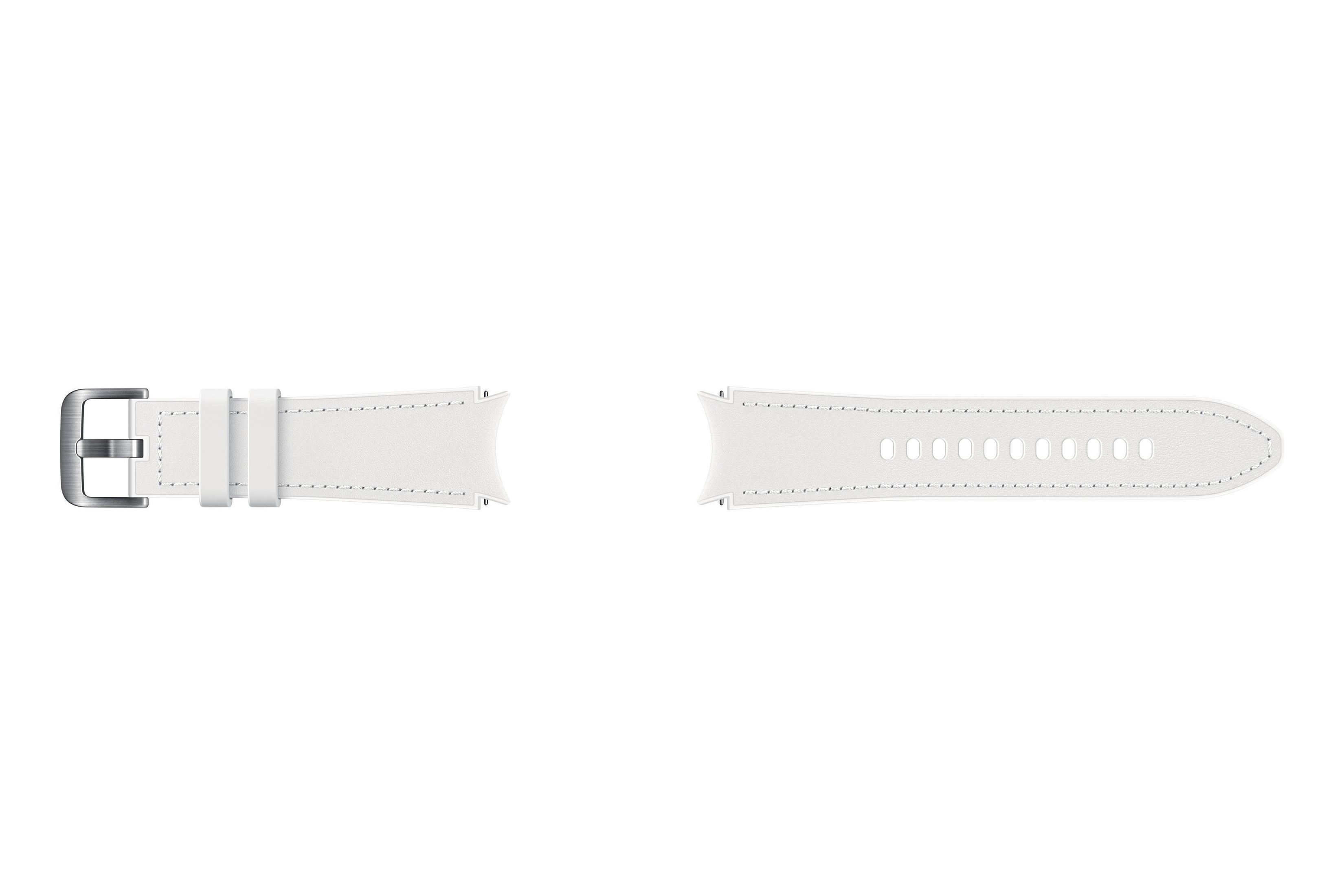 Weißes Uhrenarmband mit silberner Schnalle. Zwei Teile des Armbands auf weißem Hintergrund.