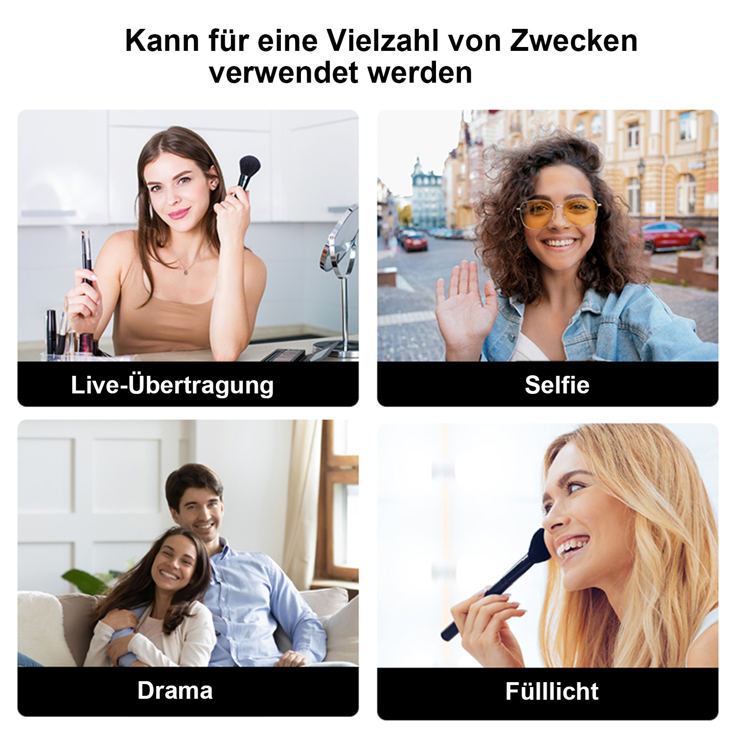 Vier Bilder: Frau mit Pinsel, Selfie, Paar umarmt sich, Frau mit Pinsel. Text: Live, Selfie, Drama, Fülllicht.