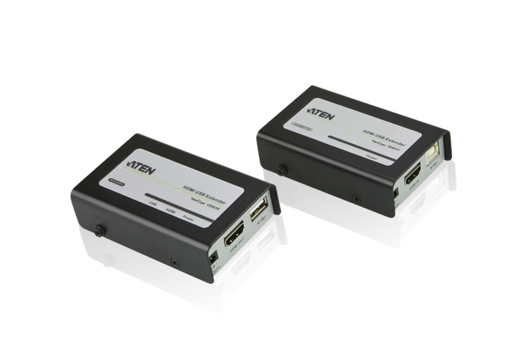 Due extender ATEN HDMI USB neri, posizionati ad angolo, isolati su bianco.