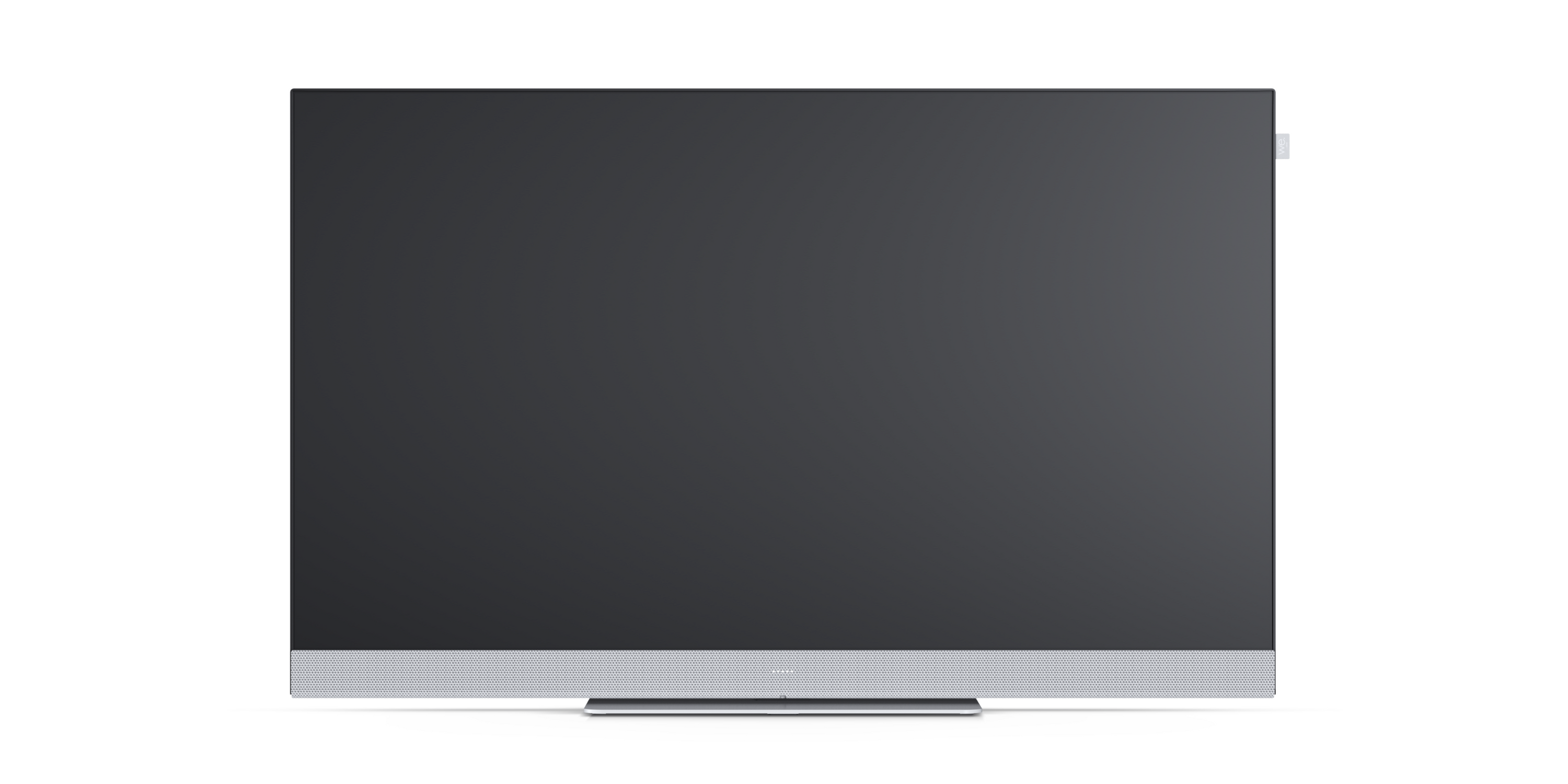 Una televisione nera, ampia e piatta, su sfondo bianco.