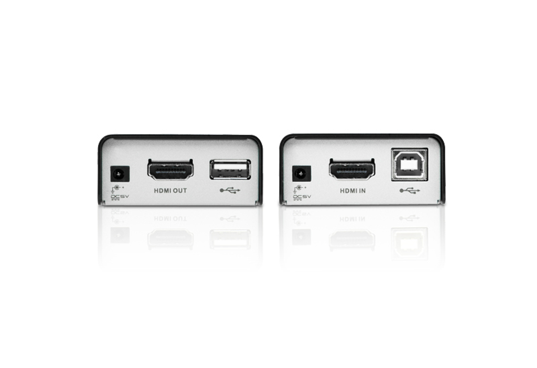 Due adattatori HDMI neri, uno con uscita HDMI e USB, l'altro con ingresso HDMI e USB.