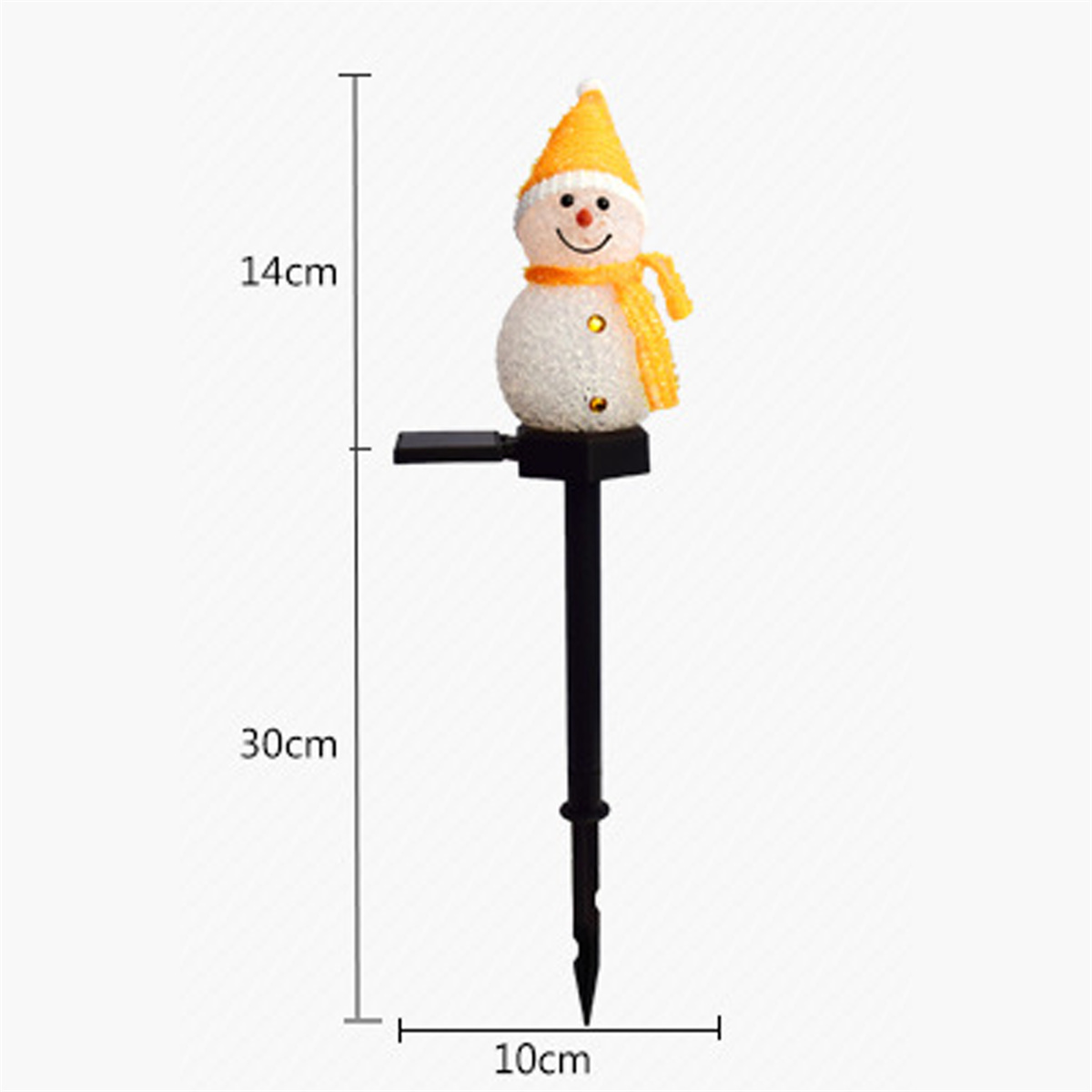 Schneemann Solar-Gartenleuchte mit gelbem Hut und Schal, schwarzer Stange. Abmessungen beschriftet.