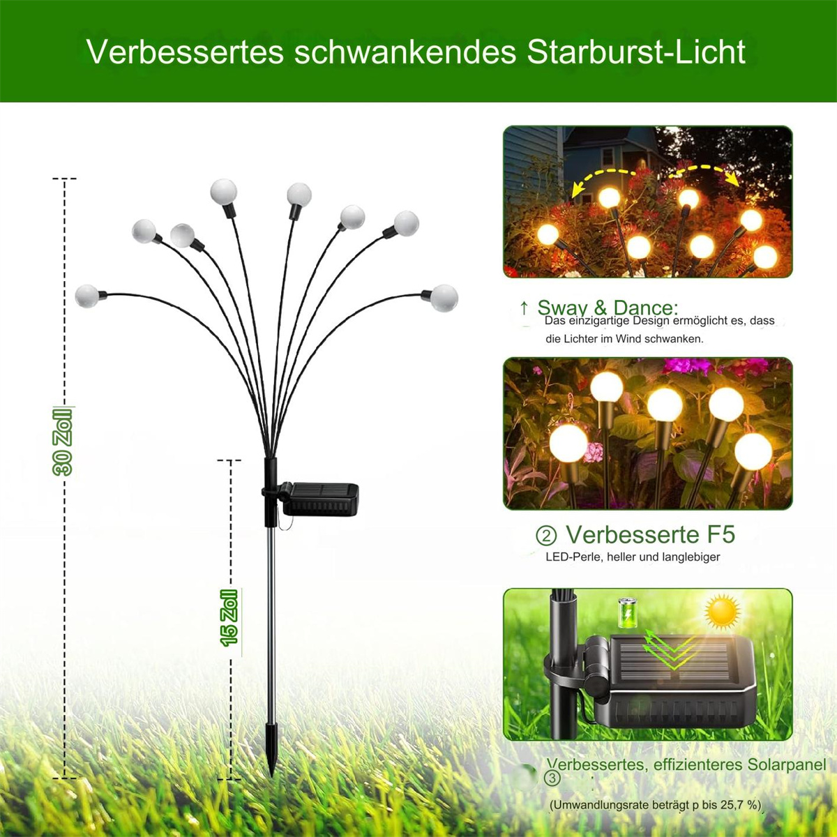 Solarbetriebene Gartenleuchten. Sie haben mehrere Glühbirnen und befinden sich im Gras. Nahaufnahmen.