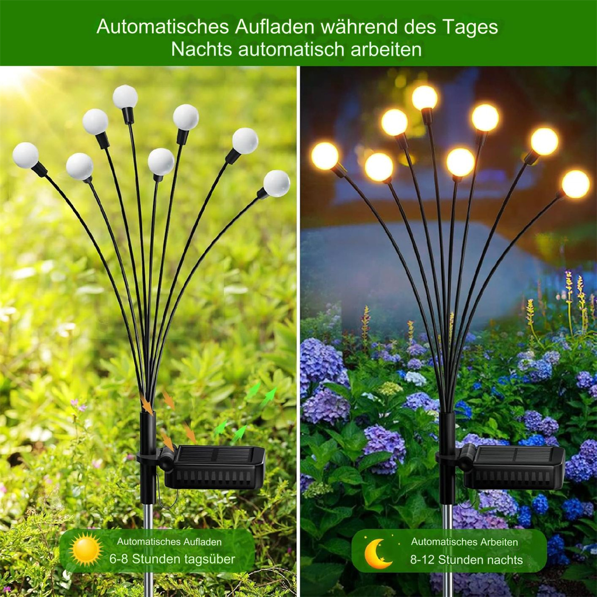 Solar-Gartenleuchten mit mehreren Lichtern an schwarzen Stielen. Tag- und Nachtbilder.