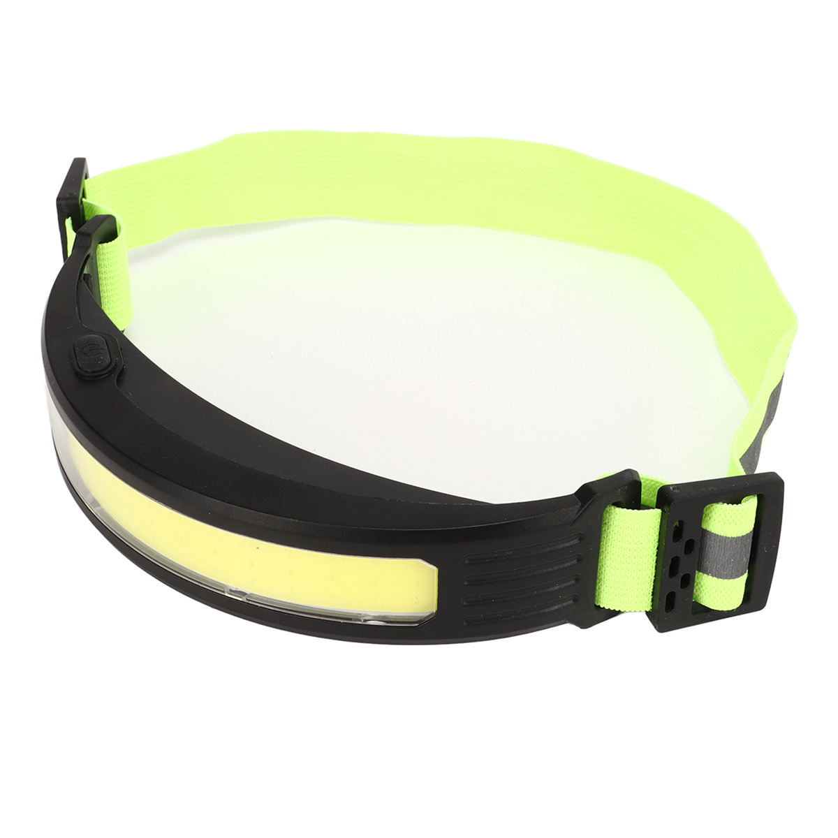 Stirnlampe mit schwarzem Gehäuse und hellem Licht. Das Band ist grün und schwarz.