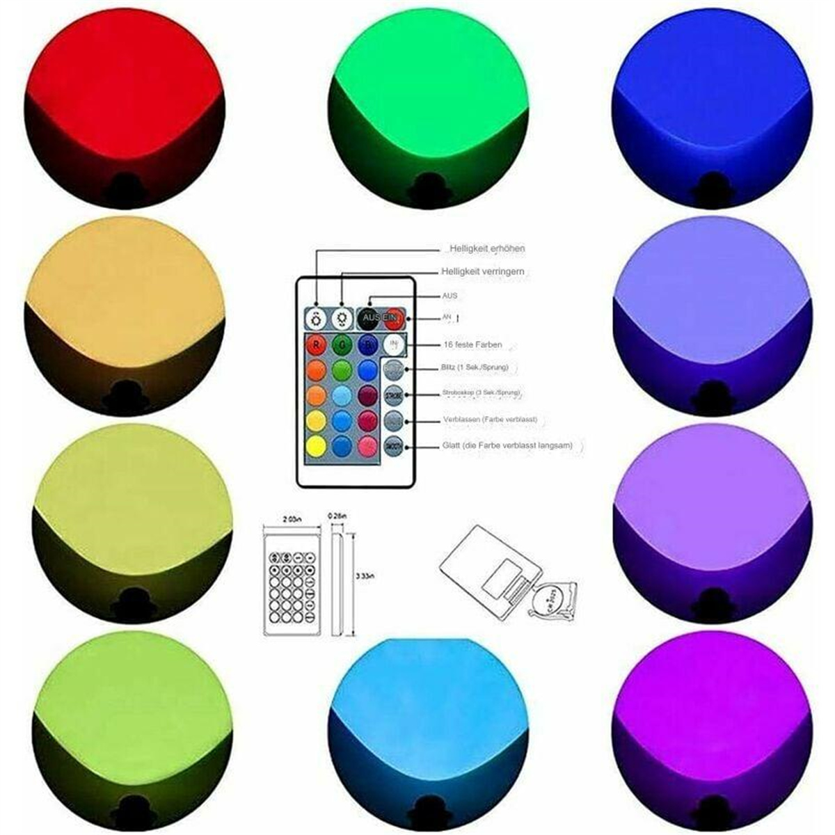 Kreisförmige LED-Leuchten in verschiedenen Farben. Eine Fernbedienung wird zusammen mit Diagrammen und einer Batterie gezeigt.