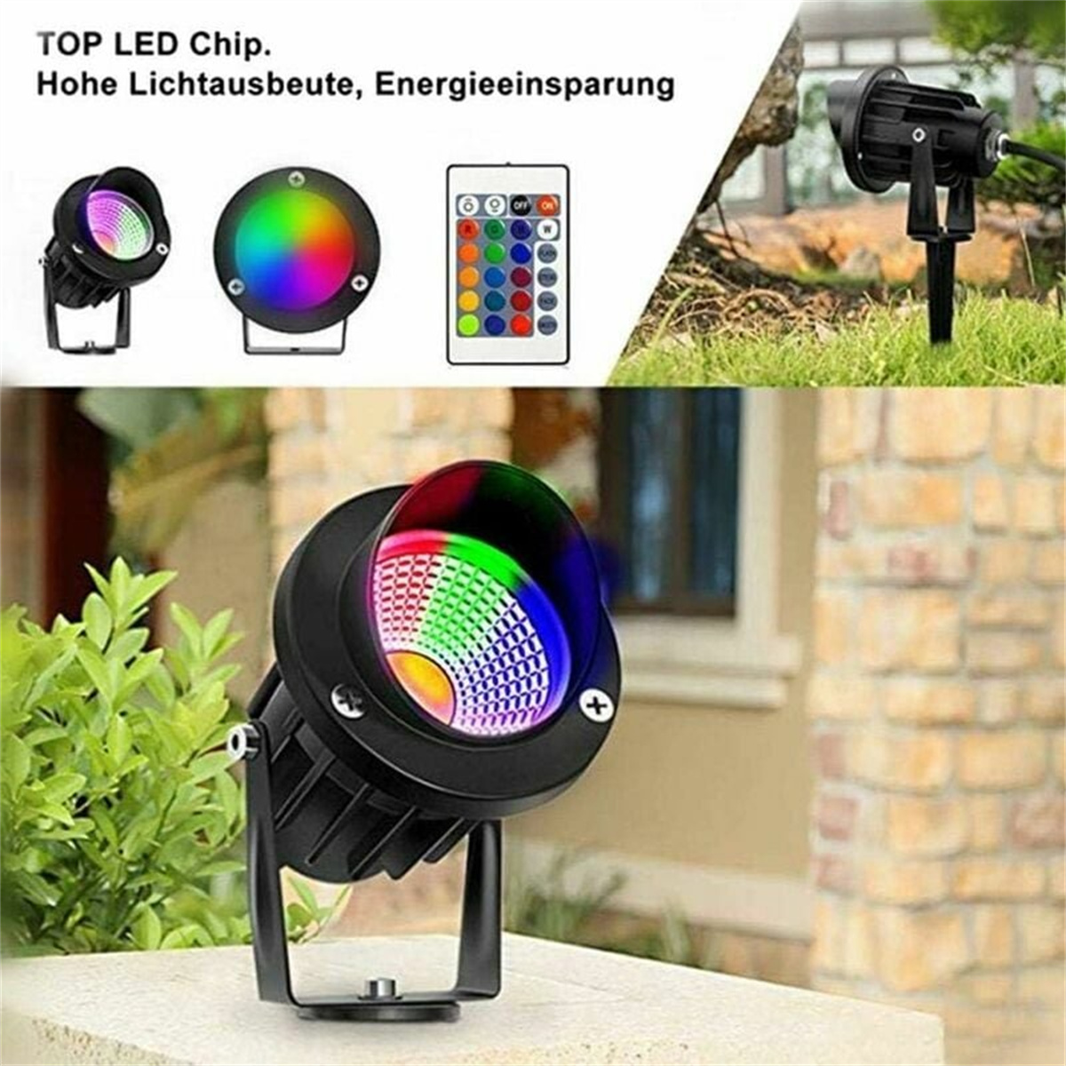 LED-Scheinwerfer mit verschiedenen Farben und Fernbedienung.