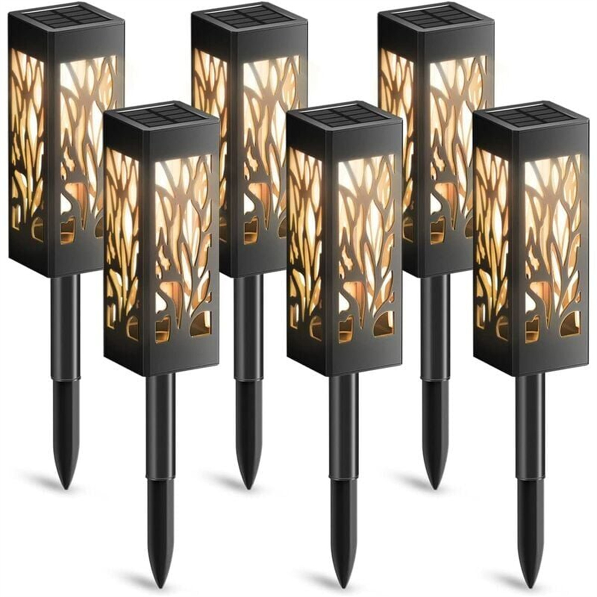 Sechs schwarze Solarleuchten für den Außenbereich mit dekorativem blattartigen Design auf weißem Hintergrund.