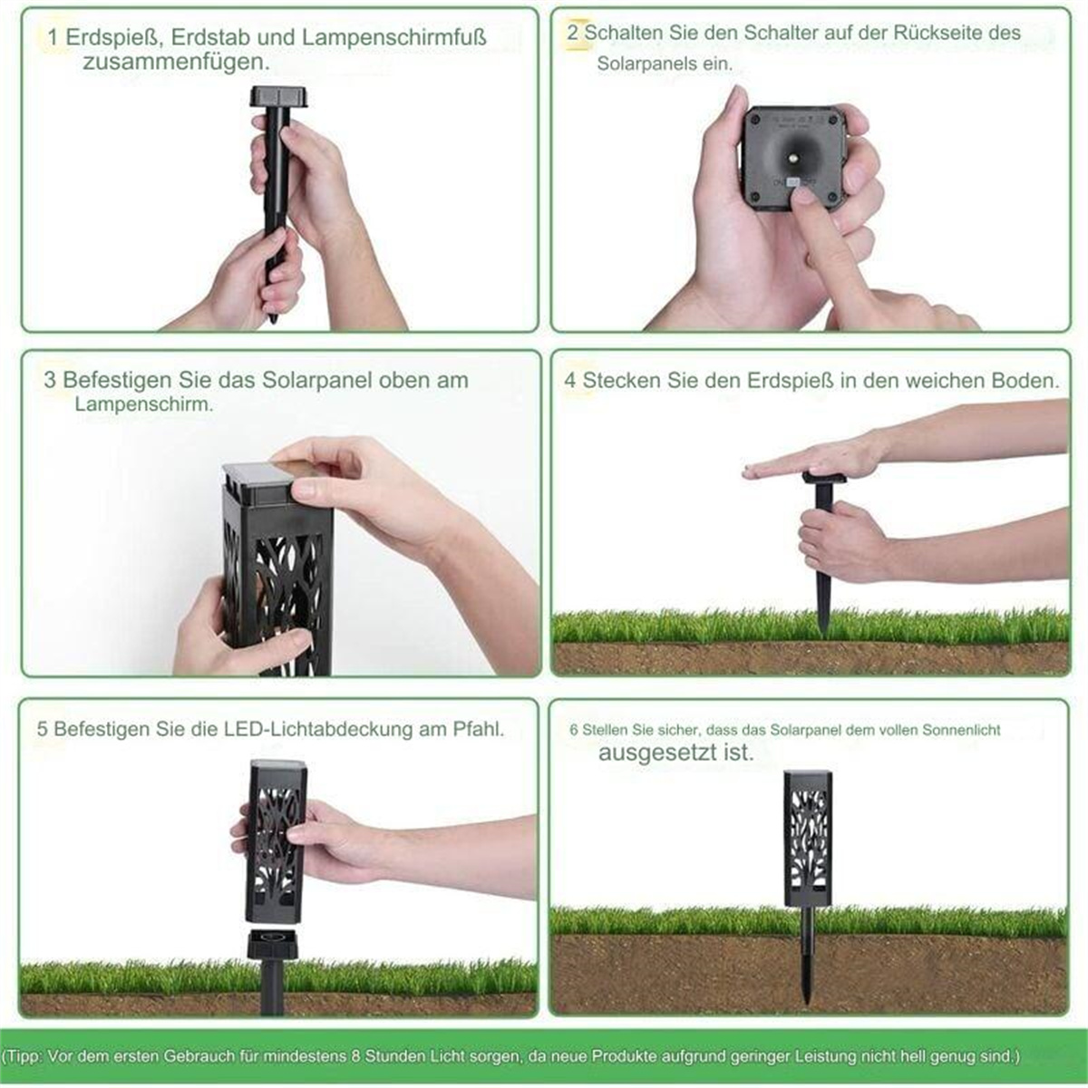 Anweisungen zur Montage einer Solar-Gartenleuchte, dargestellt in einer 6-teiligen Sequenz.