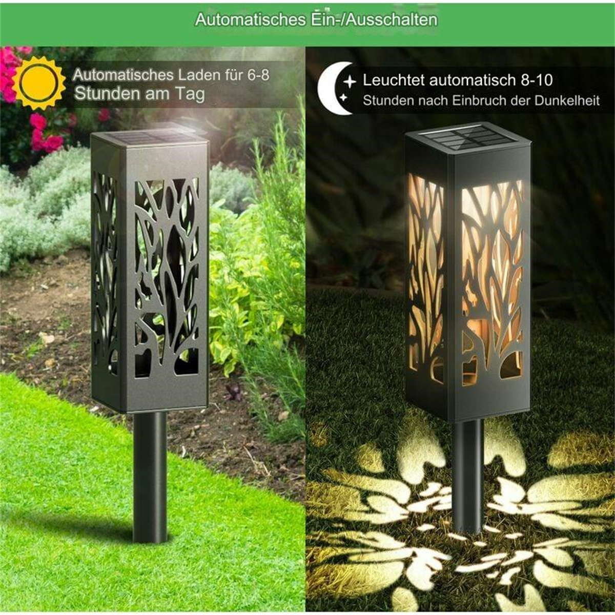 Zwei Solar-Gartenleuchten. Links: Tagmodus, durch Sonne beleuchtet. Rechts: Nachtmodus, leuchtend.
