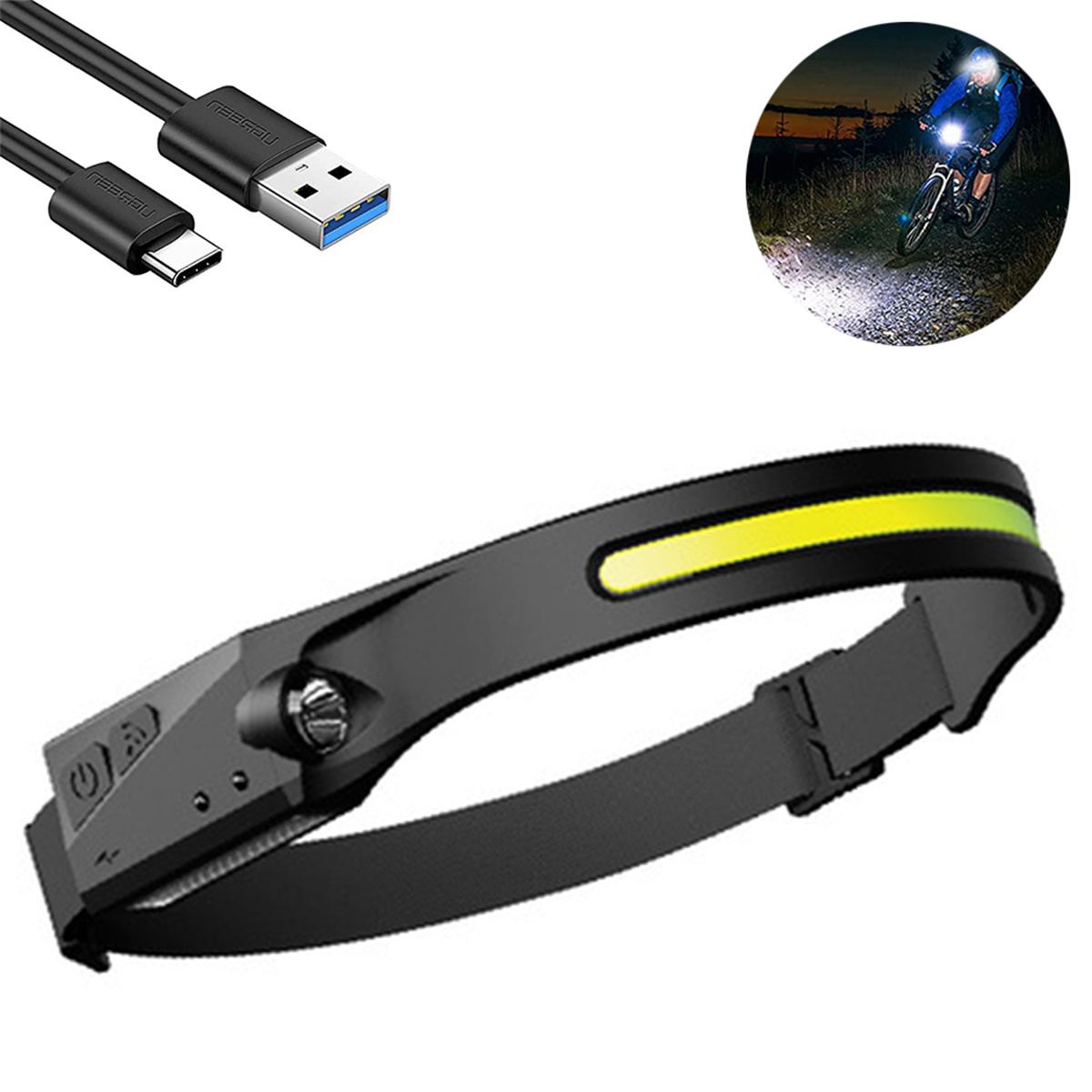 Eine schwarze Stirnlampe mit einem USB-Kabel und einem Radfahrer bei Nacht. Weißer Hintergrund.