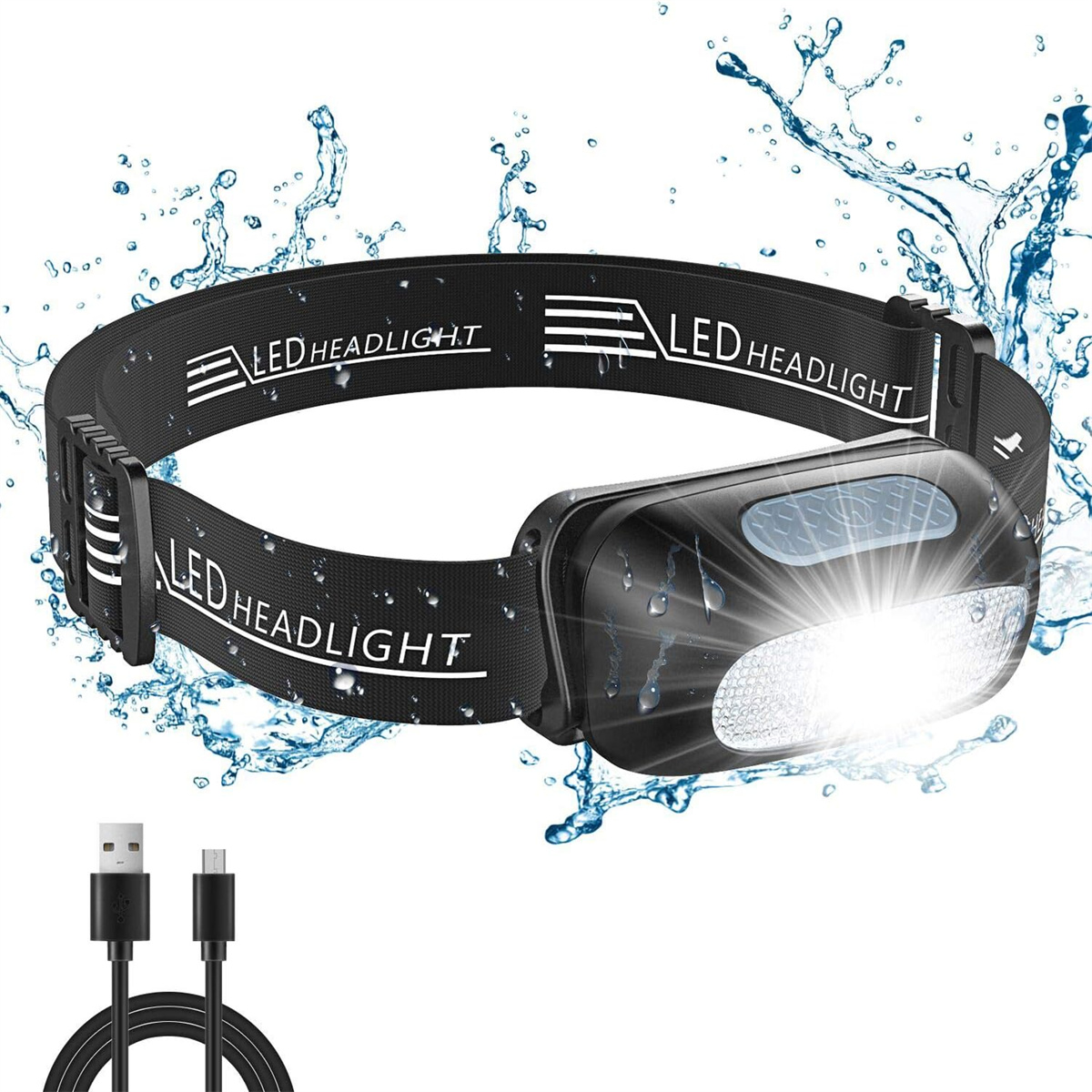 Eine schwarze LED-Stirnlampe mit weißem Licht und schwarzem Riemen mit weißem Text.