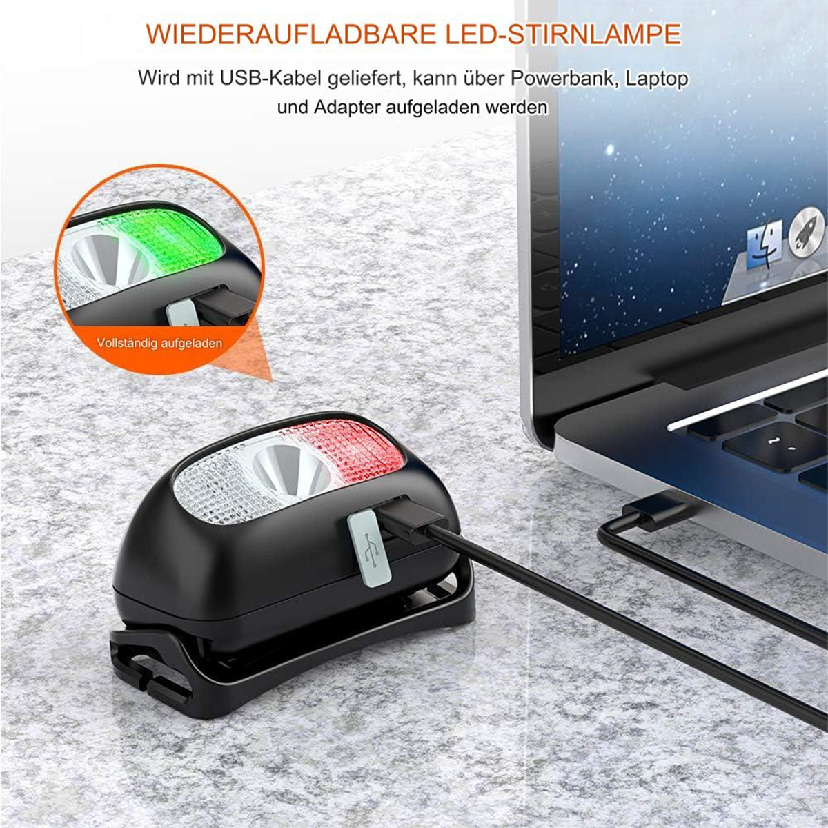 Eine Stirnlampe mit USB-Ladekabel, das an einen Laptop angeschlossen ist.